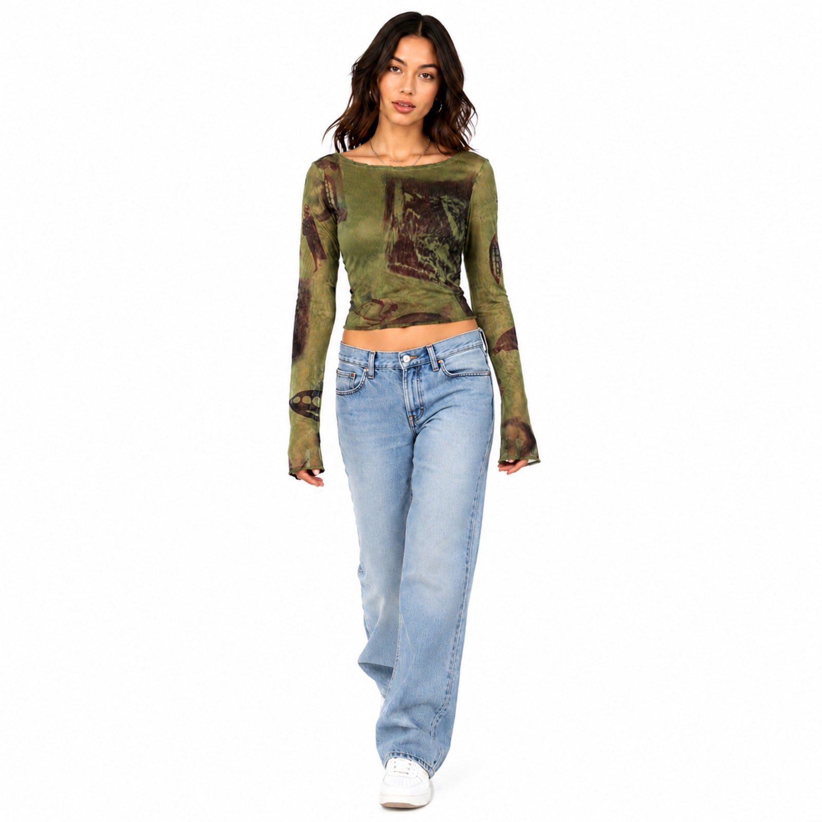 Women's Green Abstract Print Sheer Mesh Crop Top