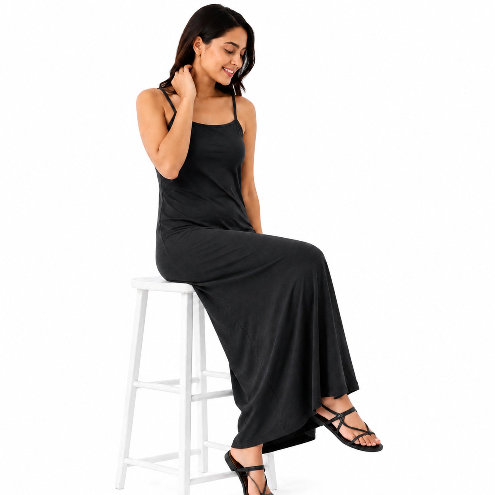 Women's Black Spaghetti Strap Flowy Maxi Dress