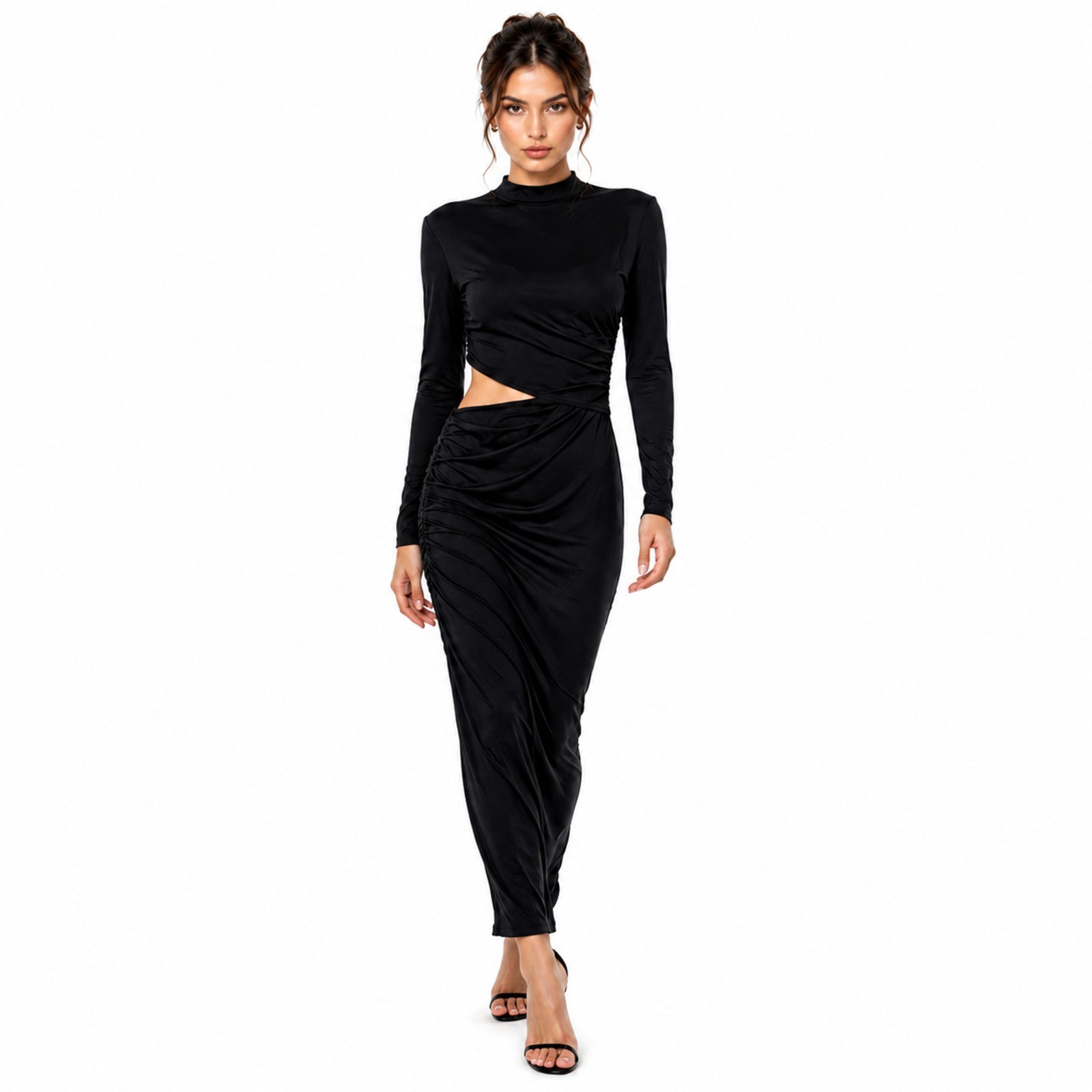 Women's Black High Neck Cut-Out Draped Midi Dress | Sleek Ruched Evening Dress