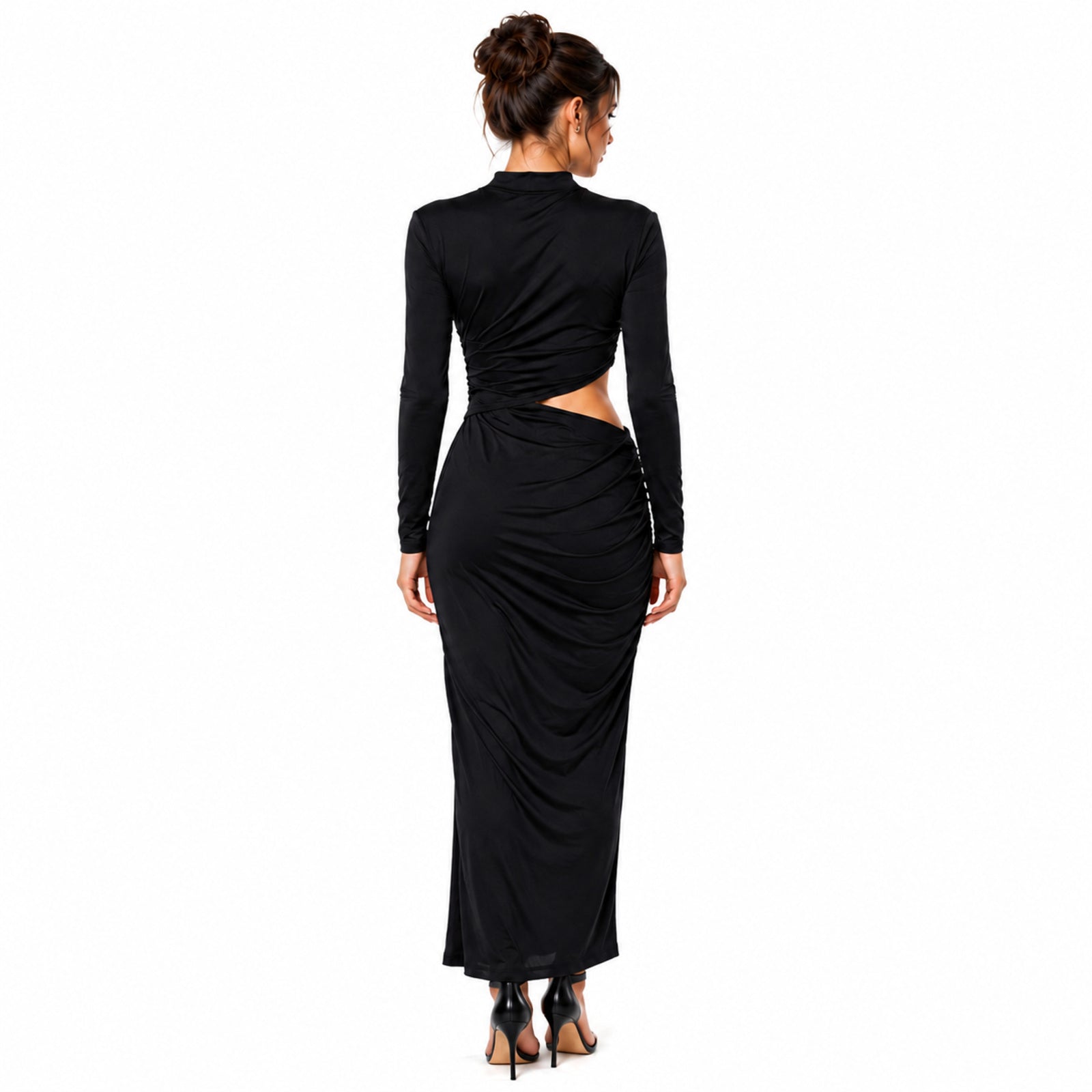 Women's Black High Neck Cut-Out Draped Midi Dress | Sleek Ruched Evening Dress