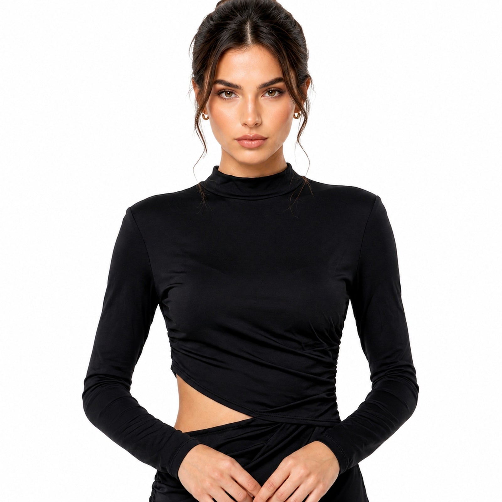 Women's Black High Neck Cut-Out Draped Midi Dress | Sleek Ruched Evening Dress