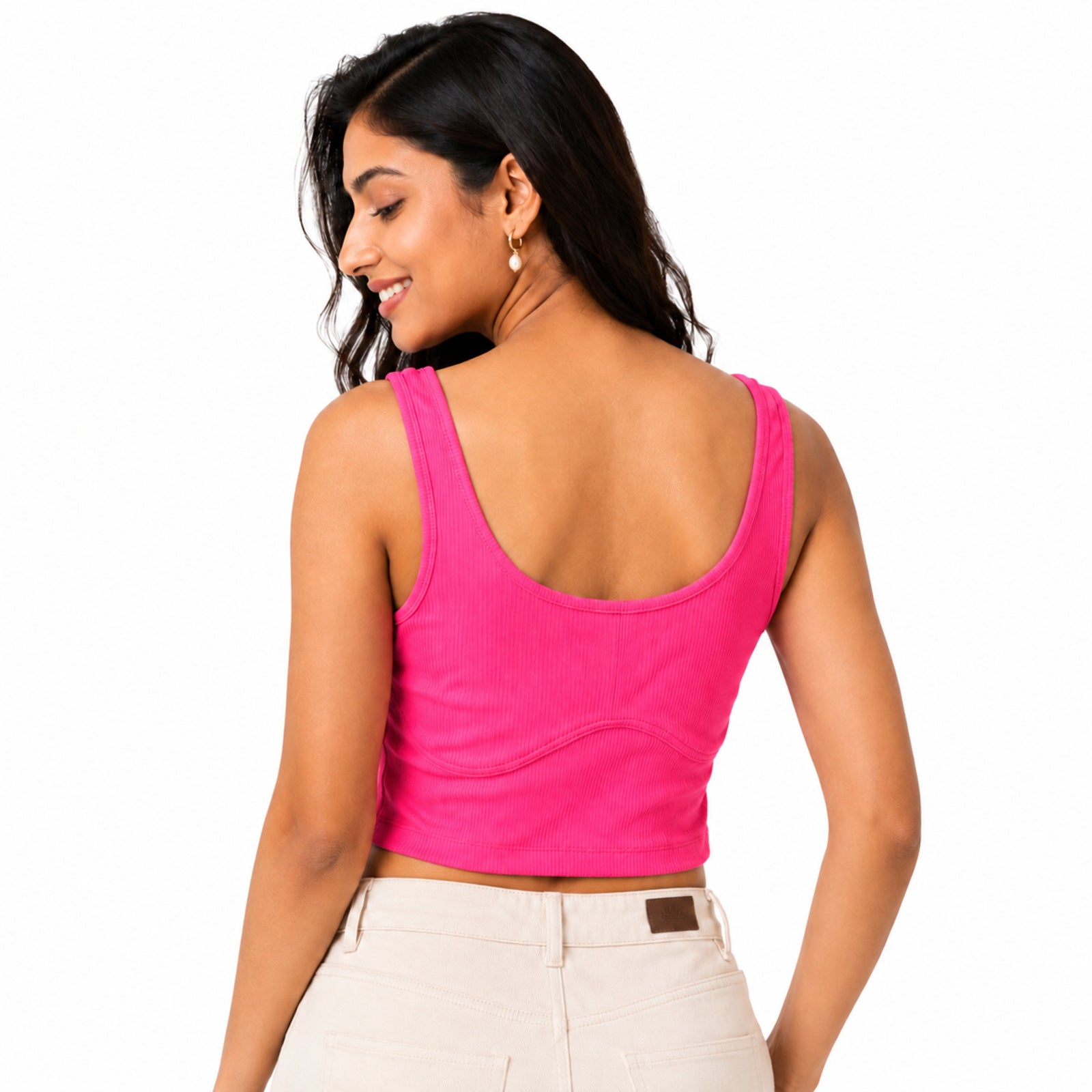 Women's Neon Pink Ribbed Sports Crop Top