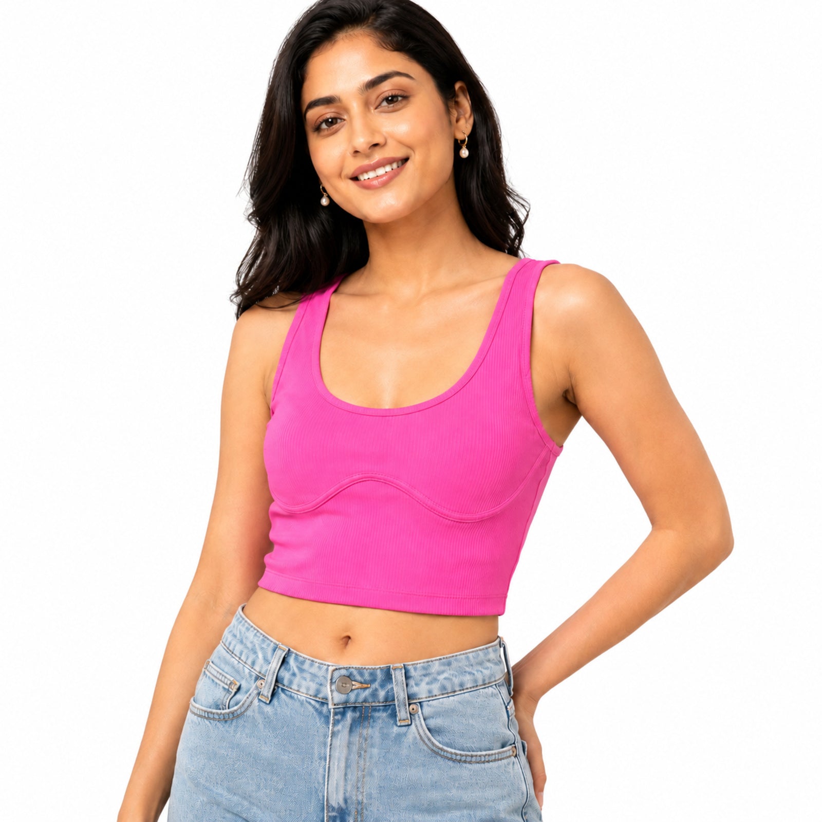 Women's Neon Pink Ribbed Sports Crop Top