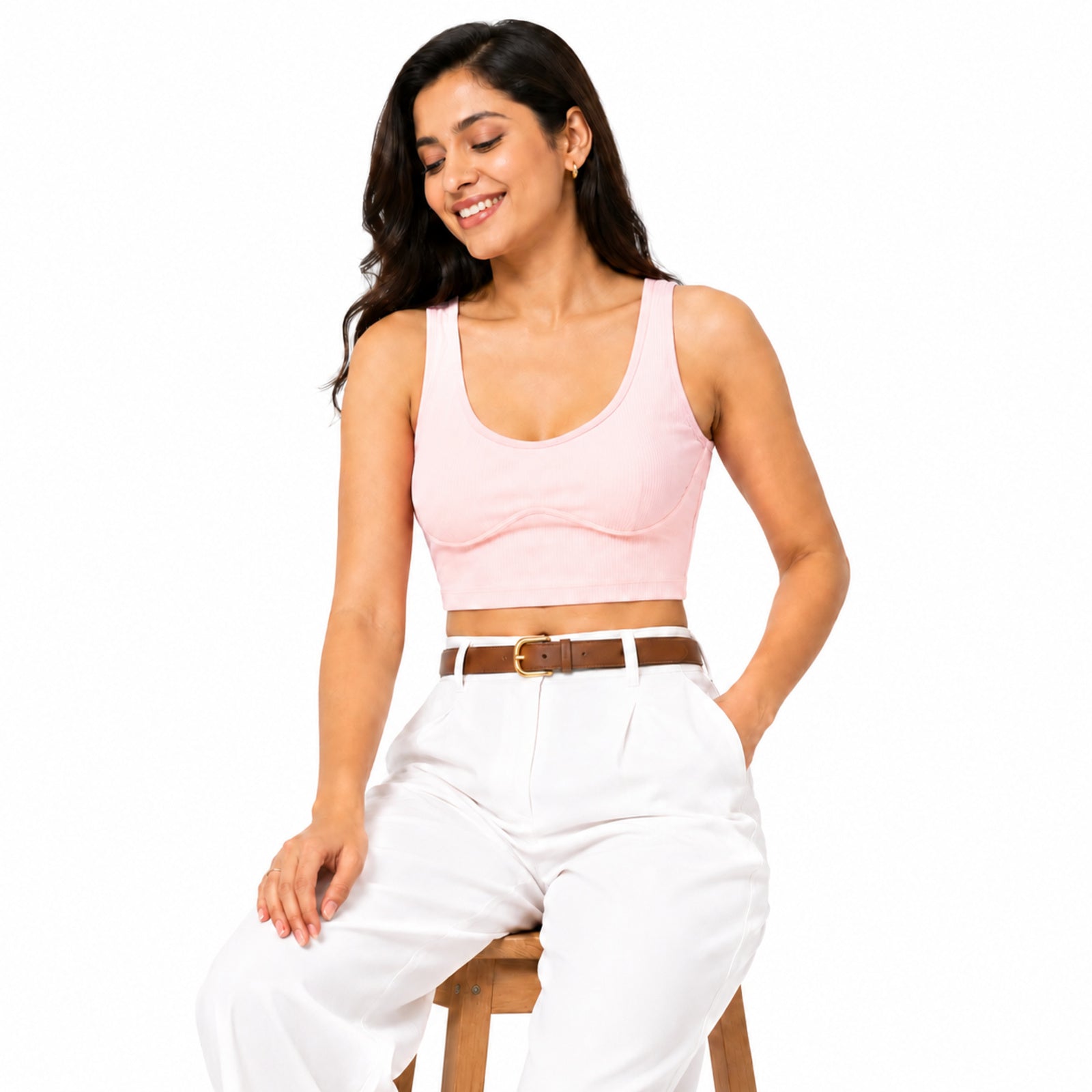 Women's Blush Pink Seamless Ribbed Bralette Crop Top