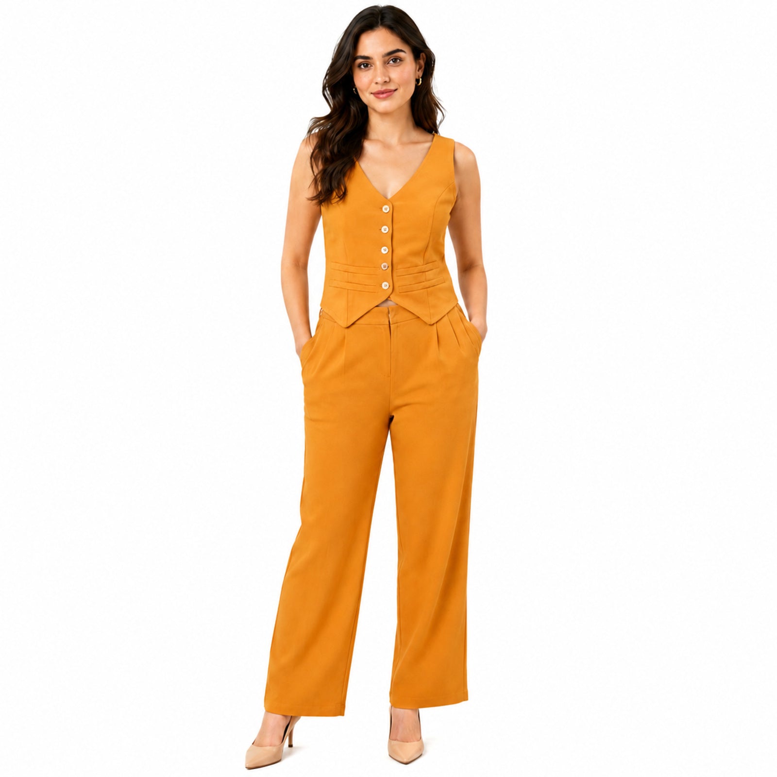 Women's Mustard Yellow Elegant Waistcoat Co-Ord Set