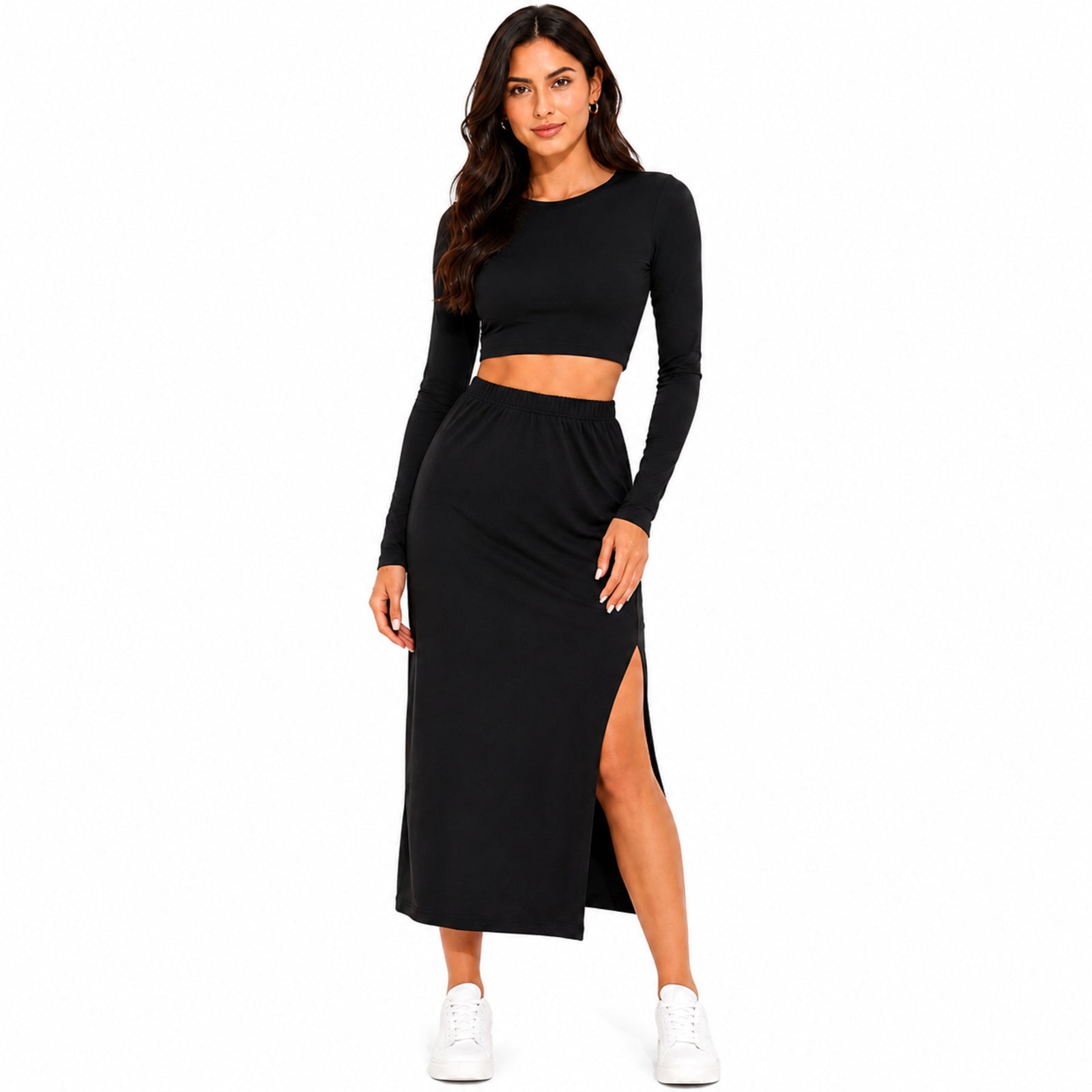 Women's Black Long Sleeve Crop Top and Side Slit Maxi Skirt Co-Ord Set