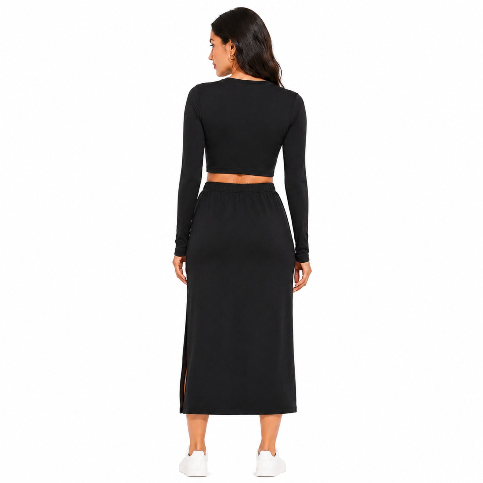 Women's Black Long Sleeve Crop Top and Side Slit Maxi Skirt Co-Ord Set