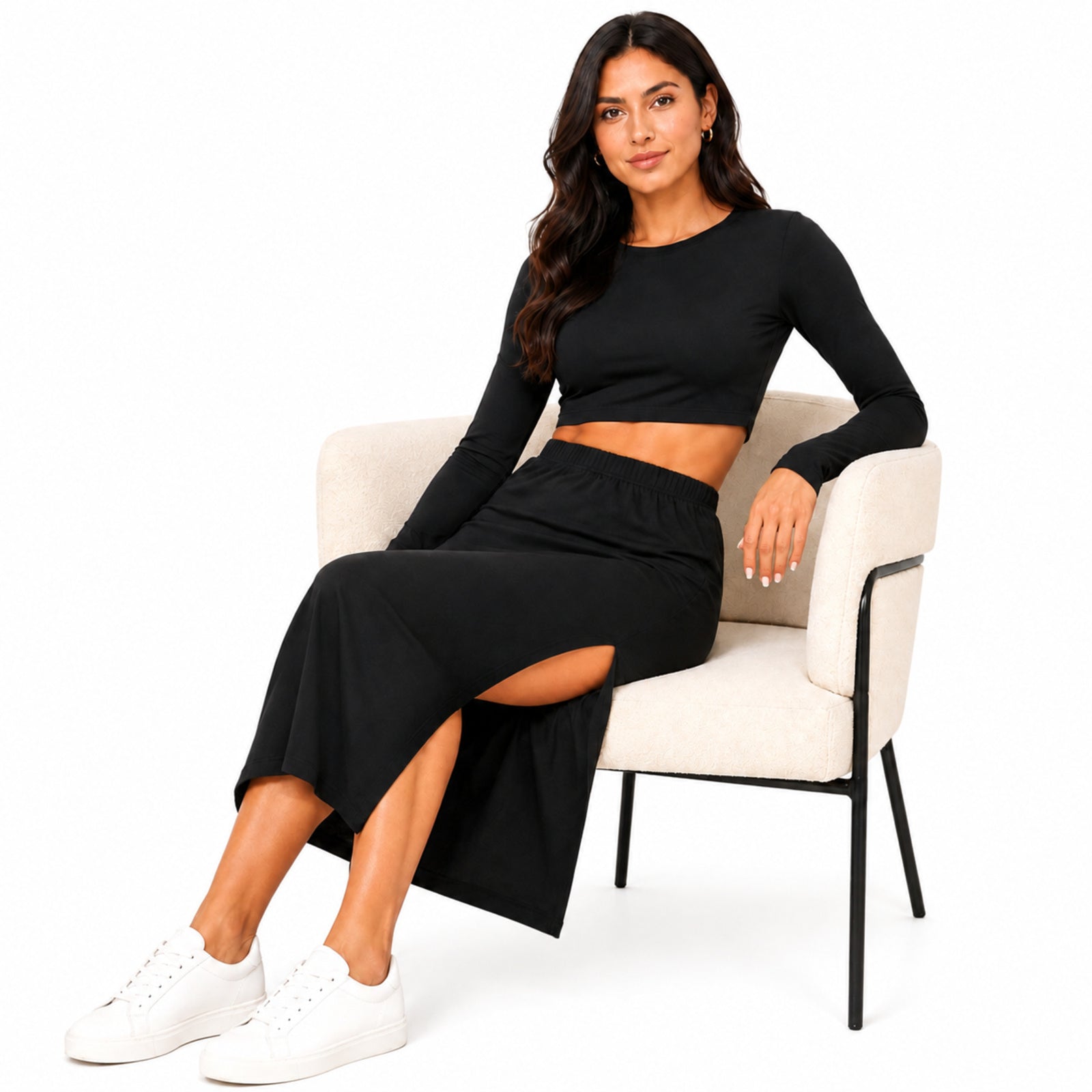 Women's Black Long Sleeve Crop Top and Side Slit Maxi Skirt Co-Ord Set