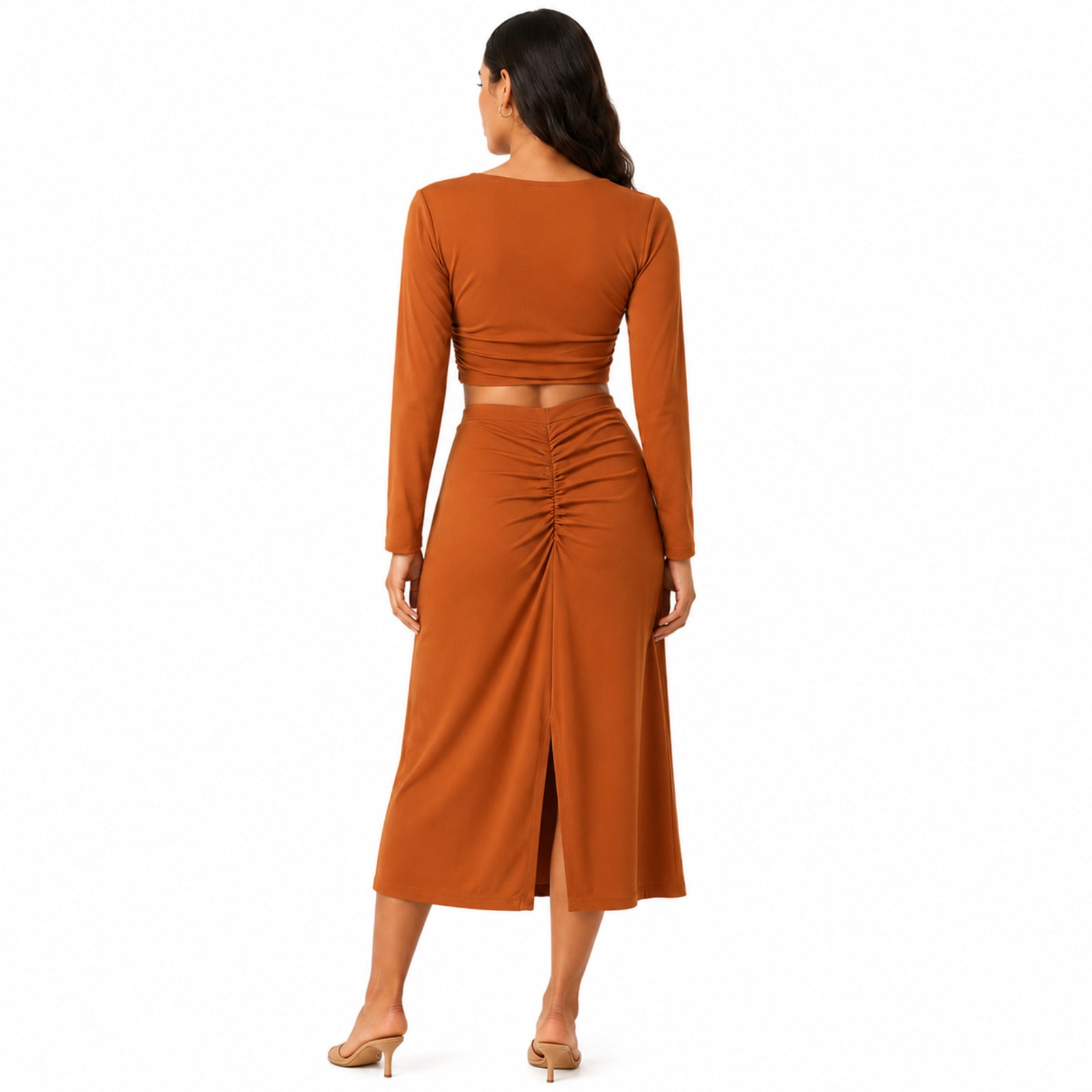 Women's Orange Long Sleeve Crop Top and Midi Skirt Co-Ord Set