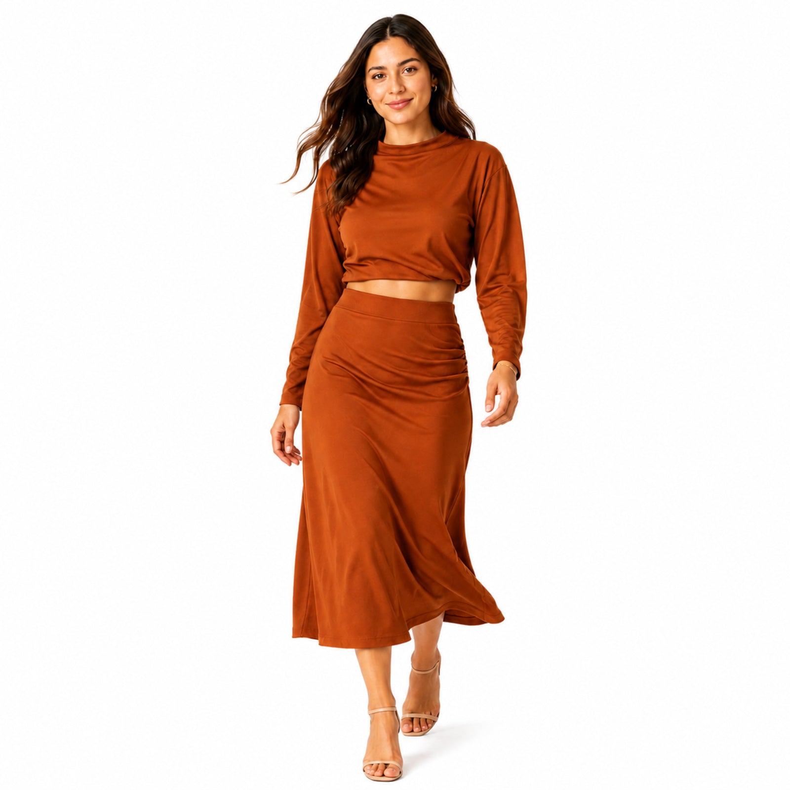 Women's Orange Long Sleeve Crop Top and Midi Skirt Co-Ord Set