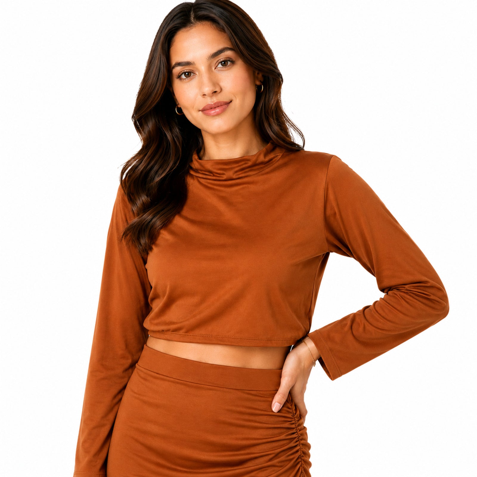 Women's Orange Long Sleeve Crop Top and Midi Skirt Co-Ord Set
