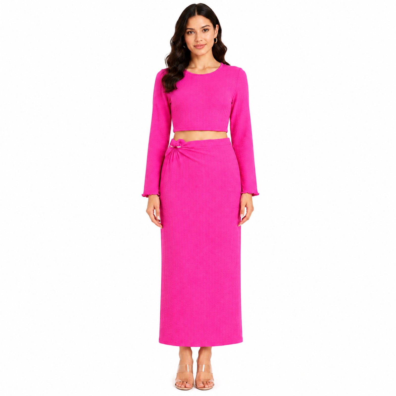 Women's Hot Pink Long Sleeve Crop Top and Maxi Skirt Co-Ord Set