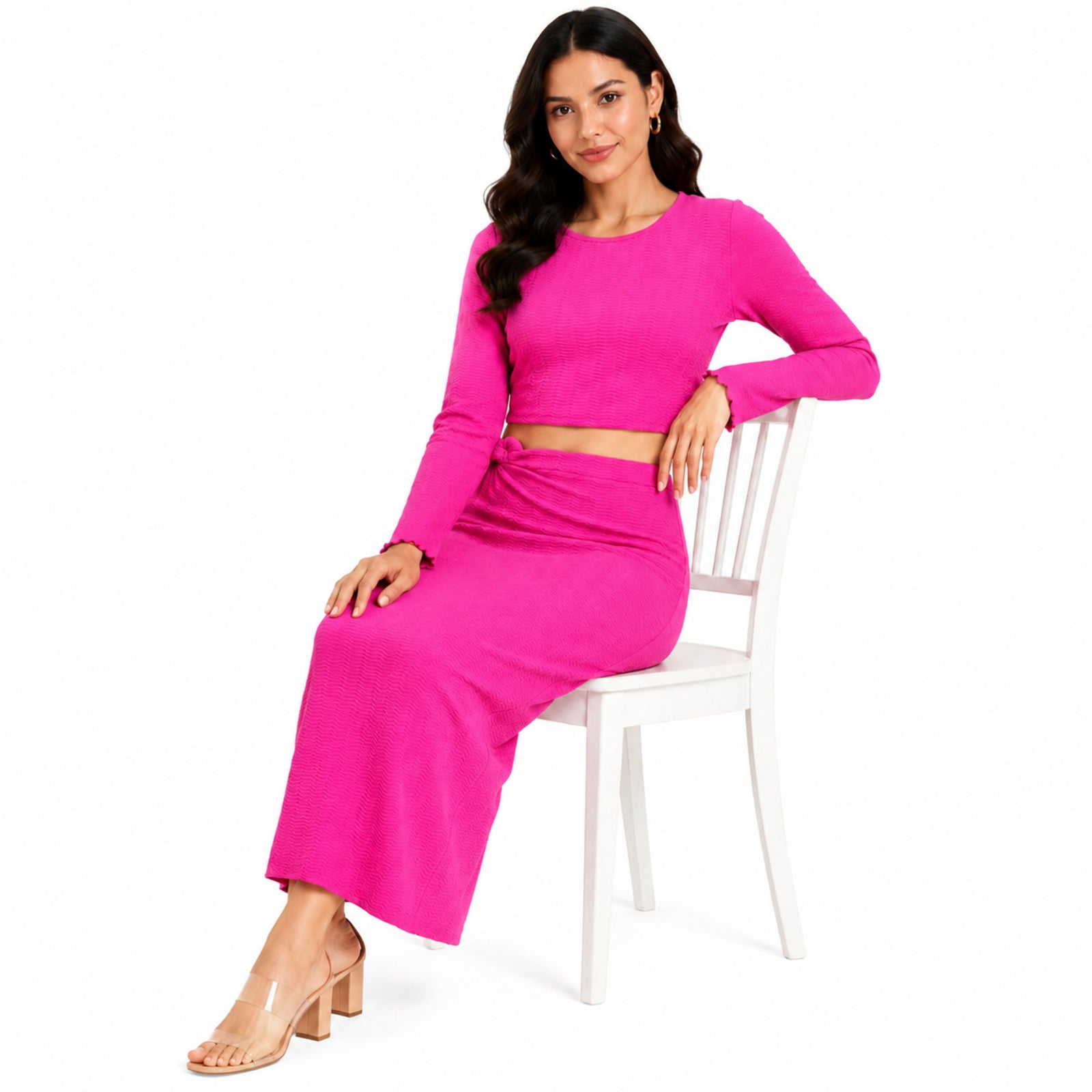 Women's Hot Pink Long Sleeve Crop Top and Maxi Skirt Co-Ord Set