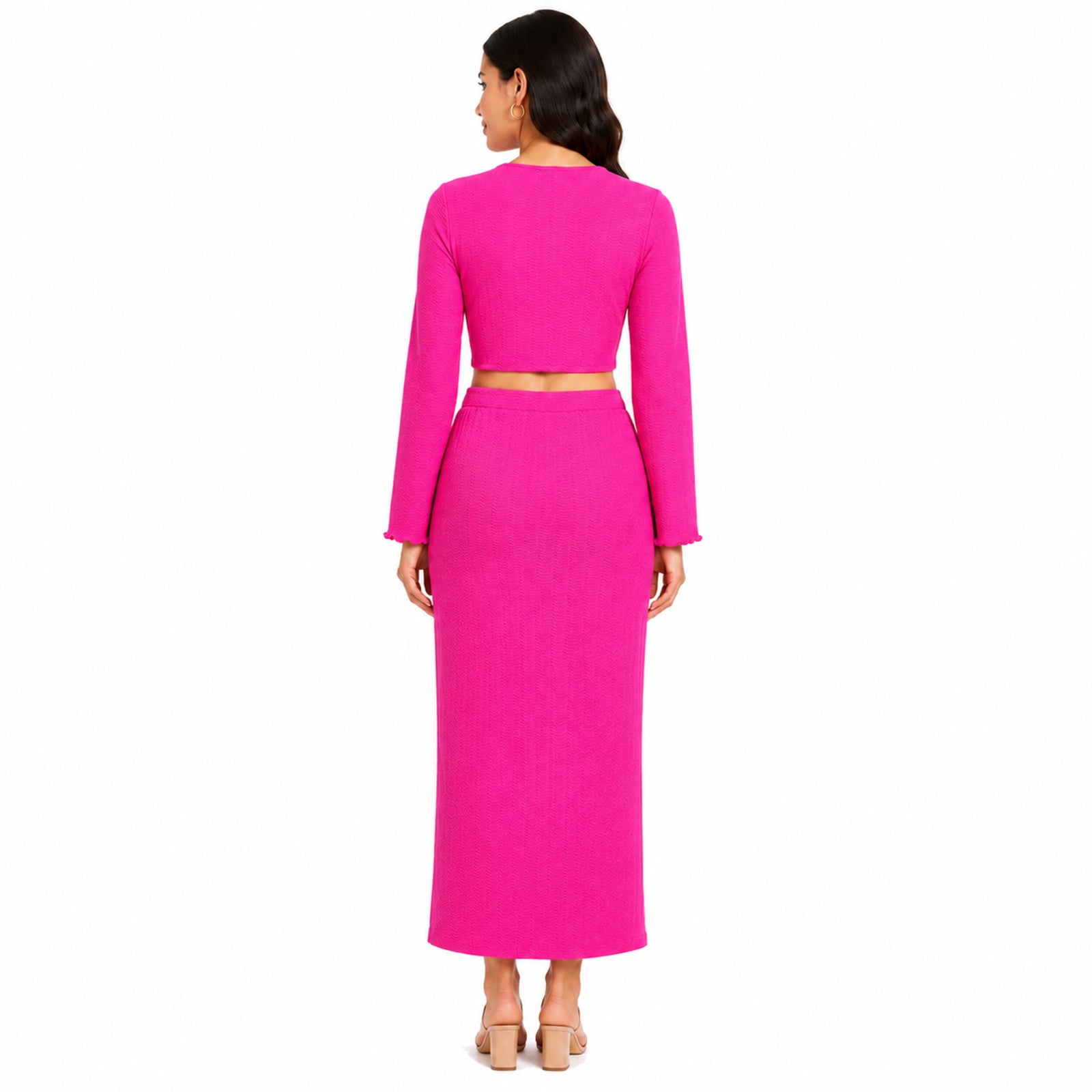 Women's Hot Pink Long Sleeve Crop Top and Maxi Skirt Co-Ord Set