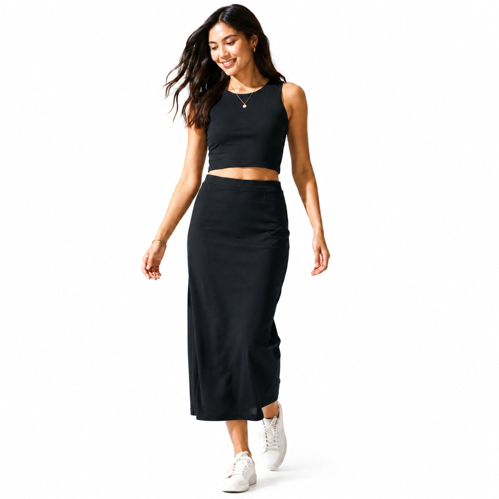 Women's Black Sleeveless Crop Top and Midi Skirt Co-Ord Set