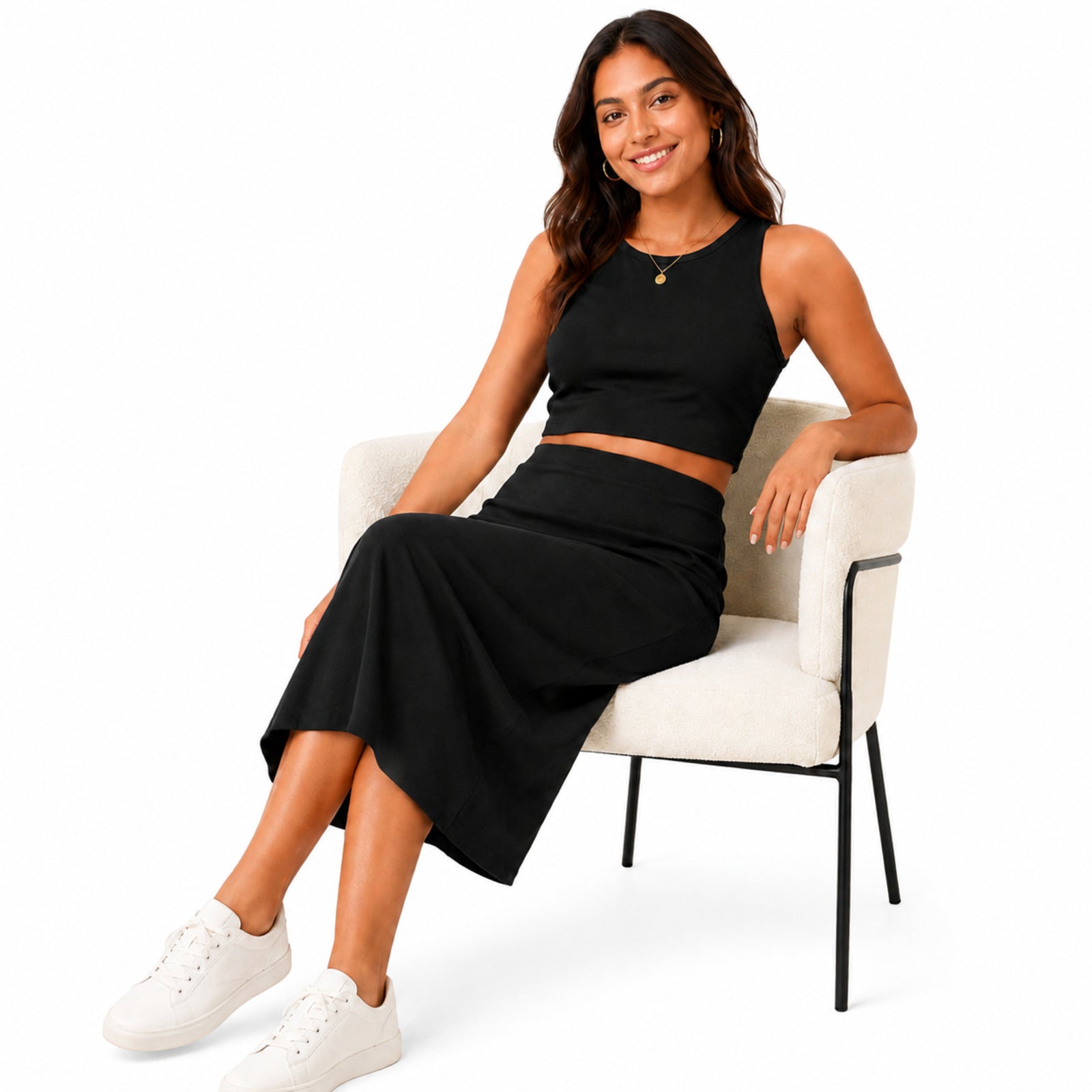 Women's Black Sleeveless Crop Top and Midi Skirt Co-Ord Set
