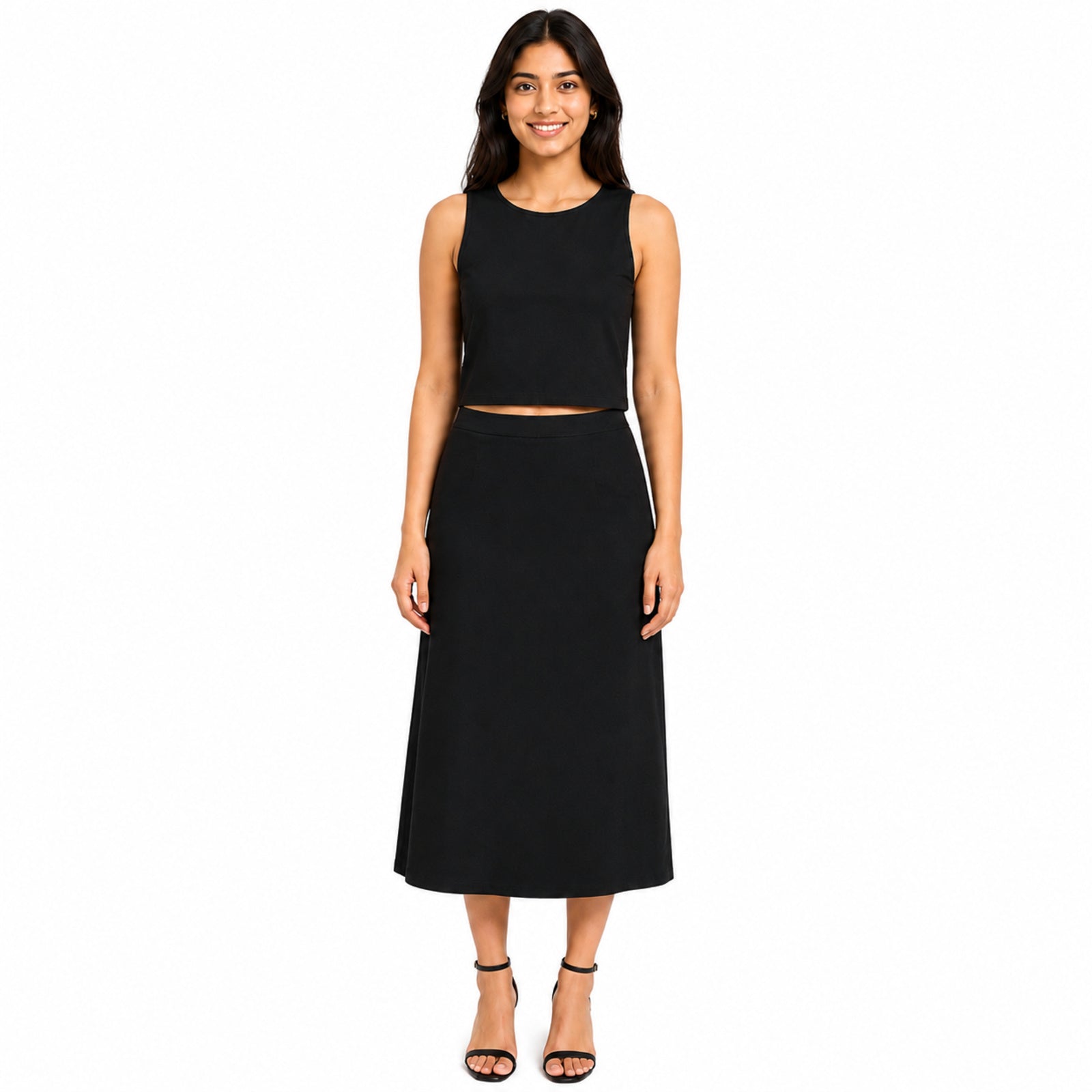 Women's Black Sleeveless Crop Top and Midi Skirt Co-Ord Set