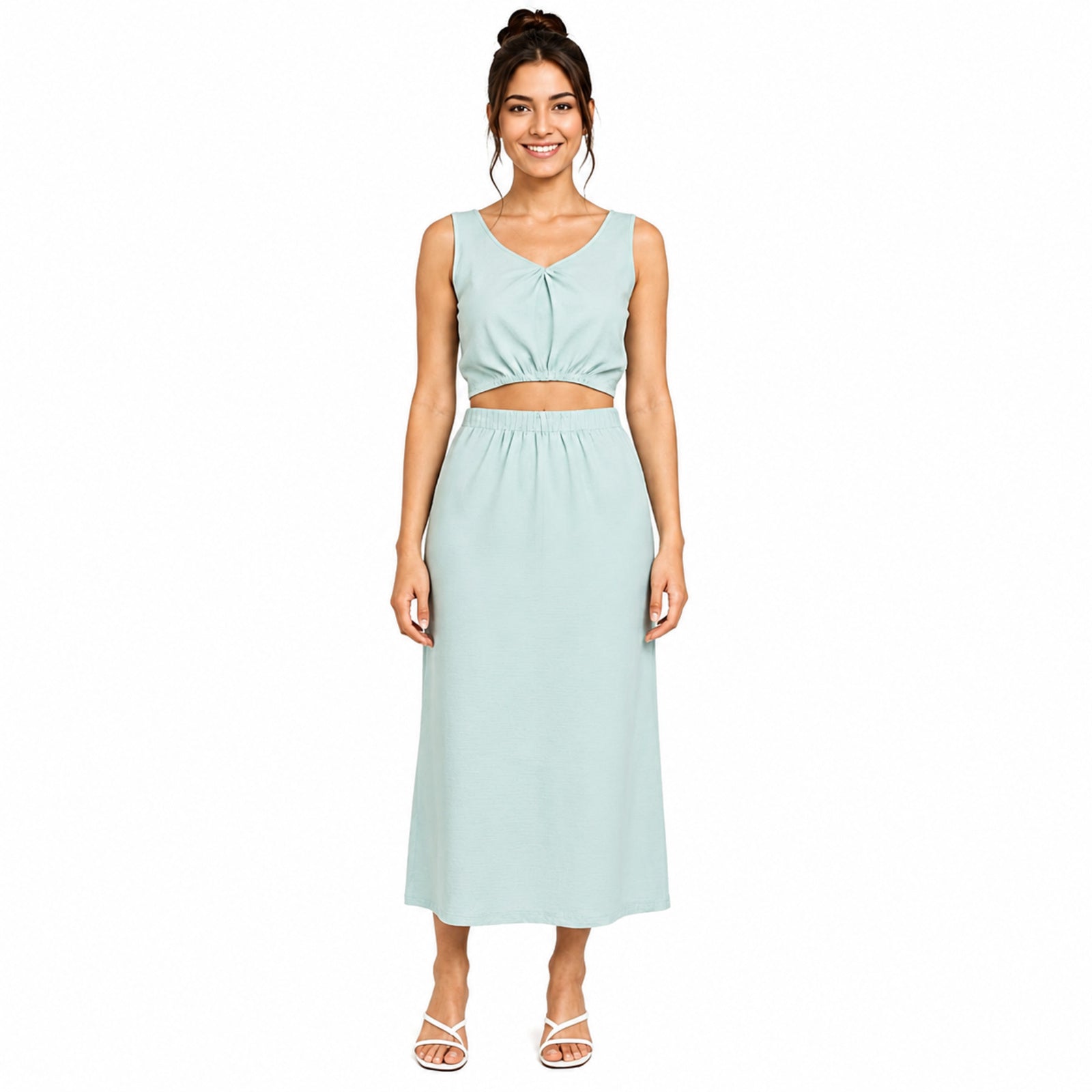 Women's Smoke Solid Sleeveless V-Neck Crop Top and Maxi Skirt Co-Ord Set for Casual Wear