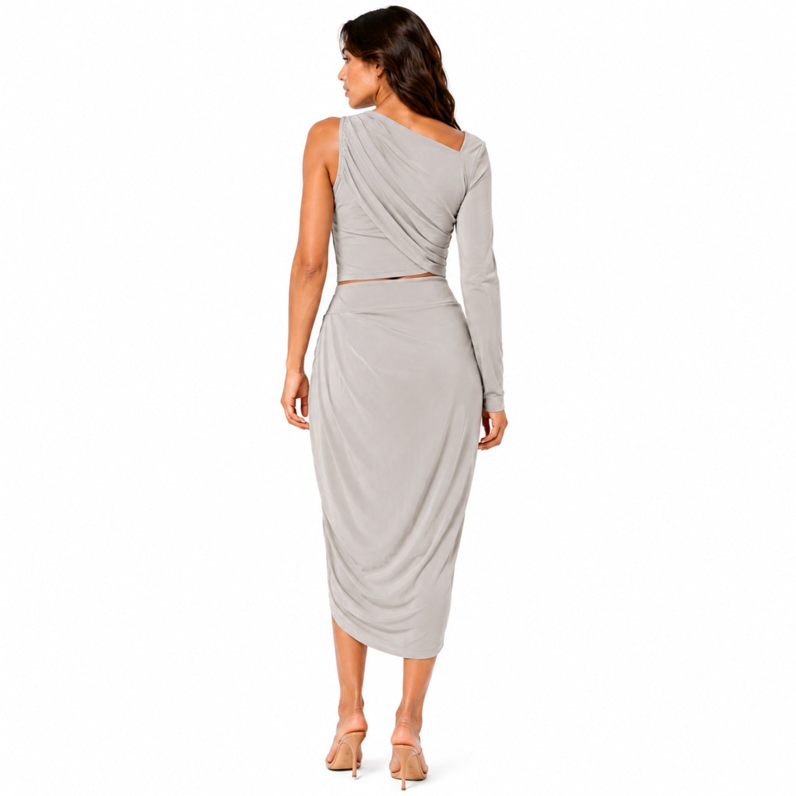 Women's Peach One-Shoulder Draped Crop Top & Tulip Midi Skirt Co-Ord Set