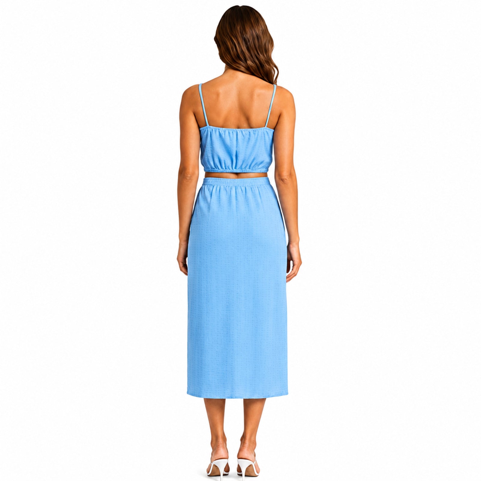 Women's Blue Solid Sleeveless Spaghetti Strap Crop Top and High Slit Midi Skirt Co-Ord Set for Party Wear