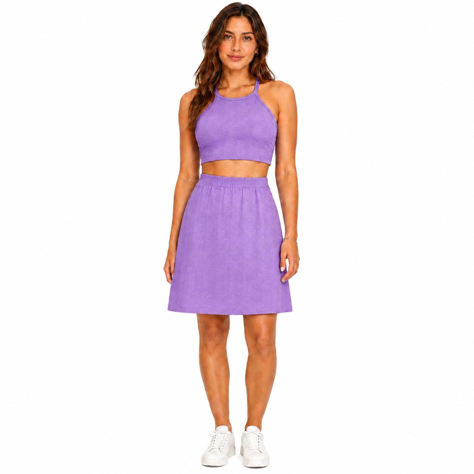 Women's Purple Halter Neck Crop Top & A-Line Skirt Co-Ord Set