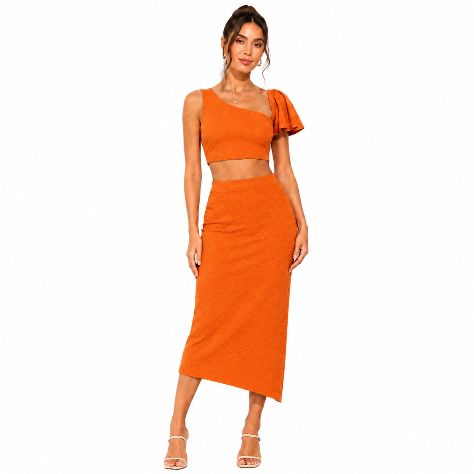 Women's Orange One Shoulder Ruffle Sleeve Co-Ord Crop Top Set