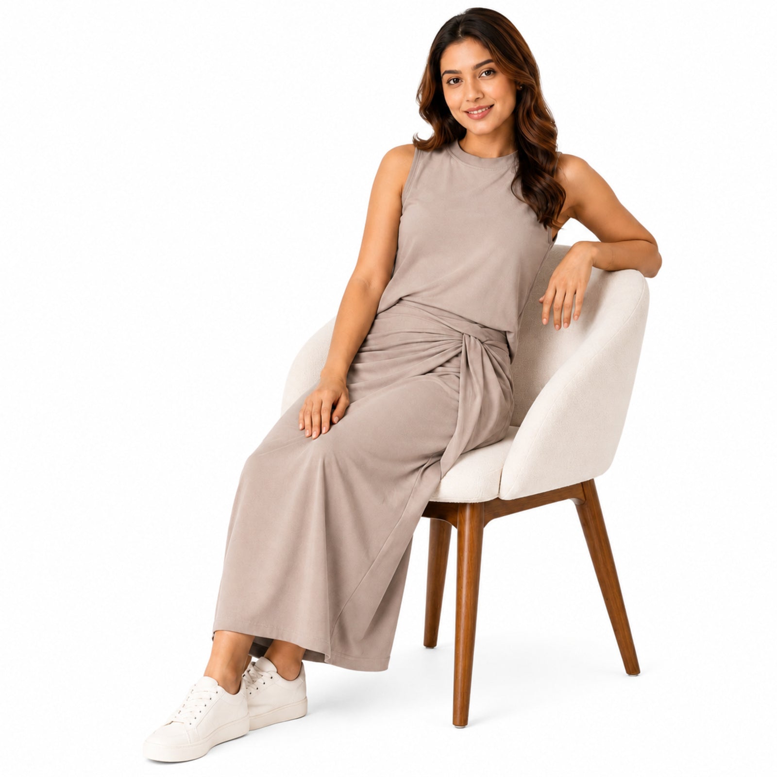 Women's Peach Sleeveless Crop Top and Draped Wide-Leg Co-Ord Set
