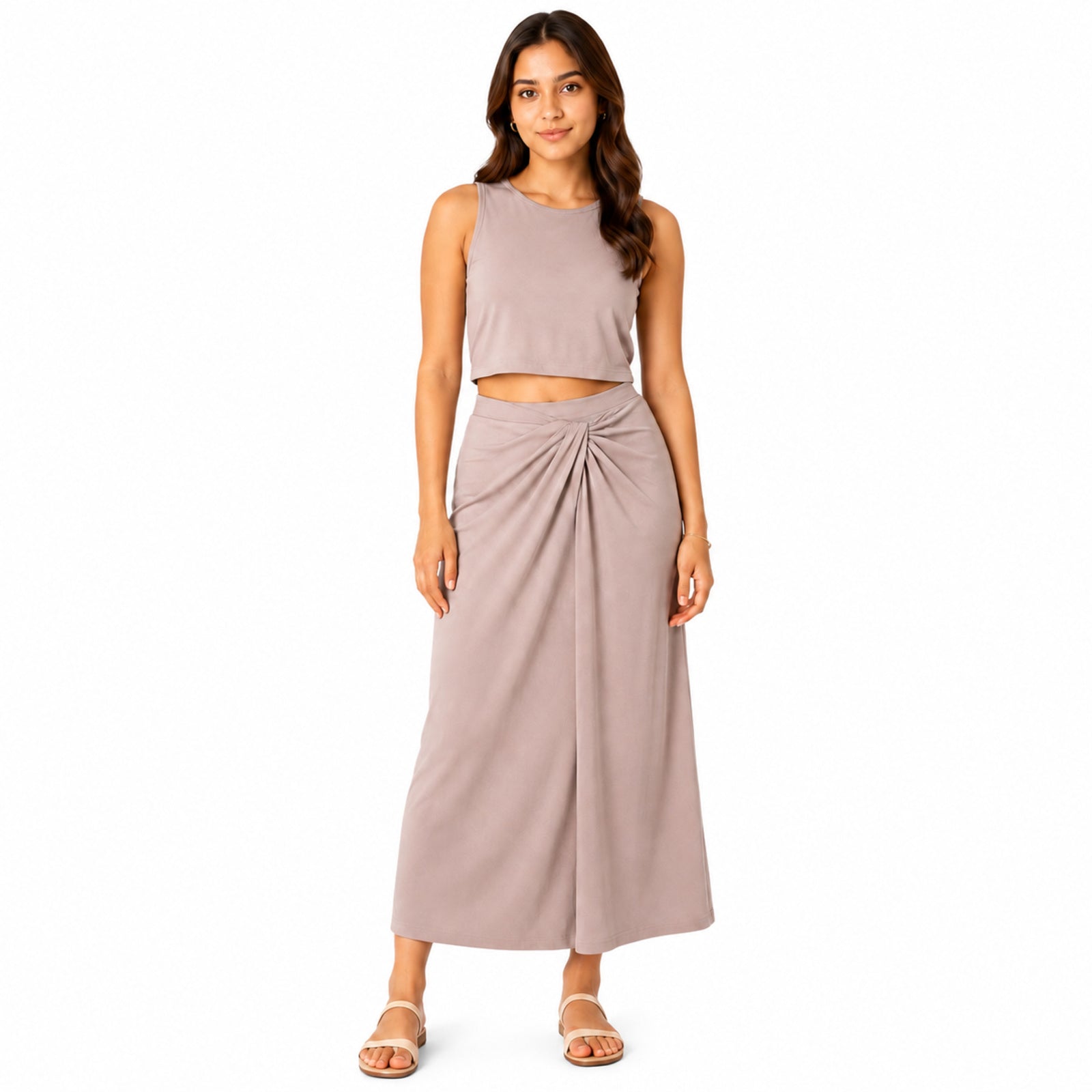 Women's Peach Sleeveless Crop Top and Draped Wide-Leg Co-Ord Set