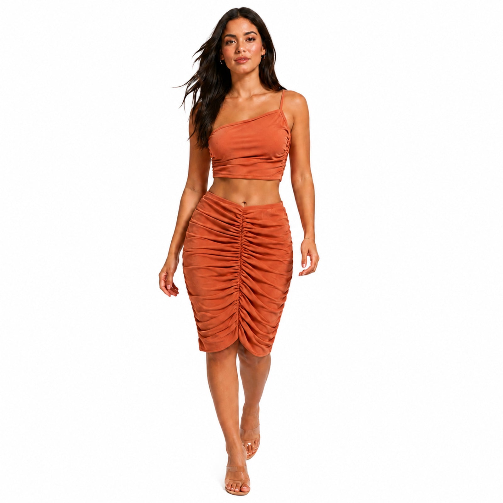 Women's Orange Solid One-Shoulder Sleeveless Ruched Co-Ord Set with Crop Top and Midi Skirt