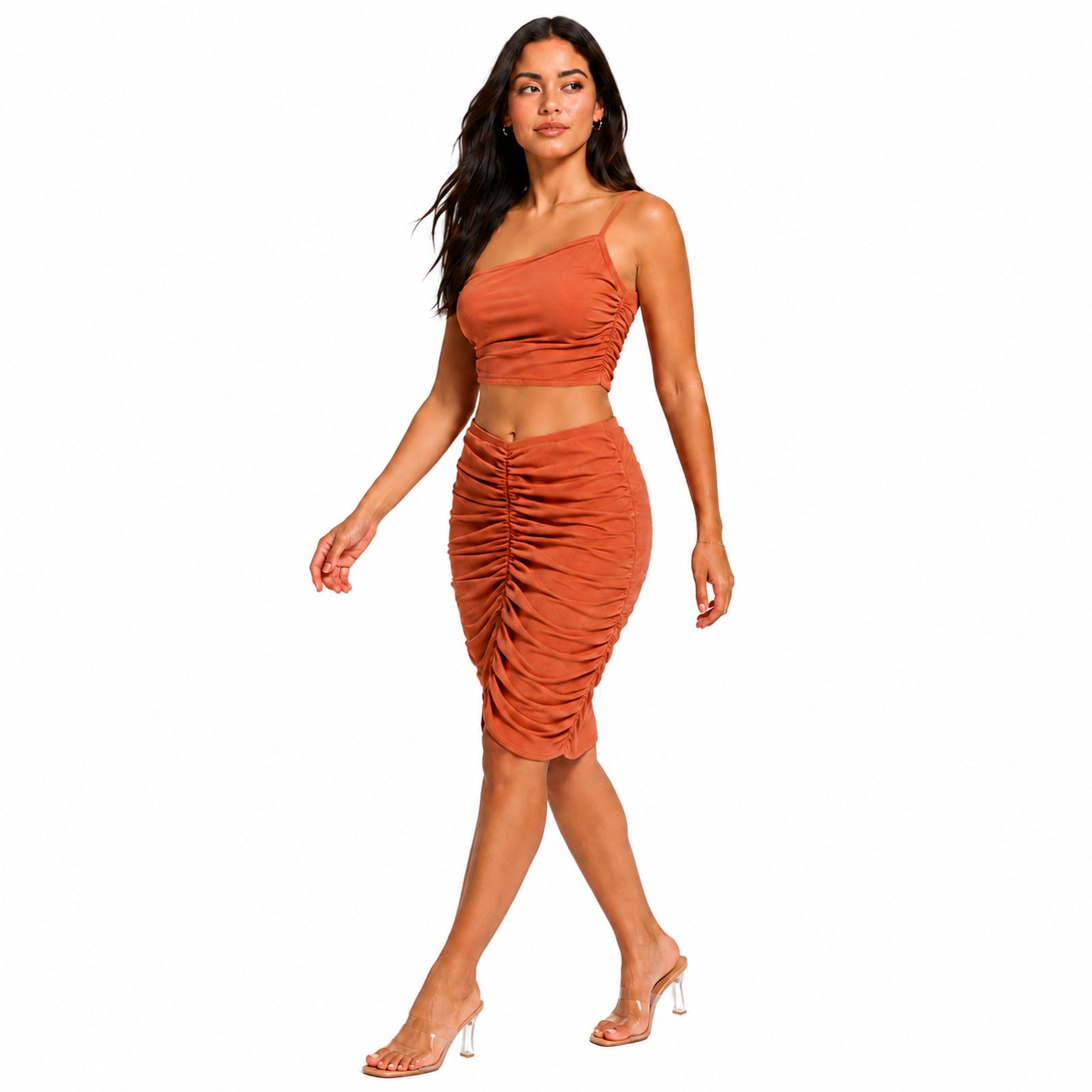 Women's Orange Solid One-Shoulder Sleeveless Ruched Co-Ord Set with Crop Top and Midi Skirt