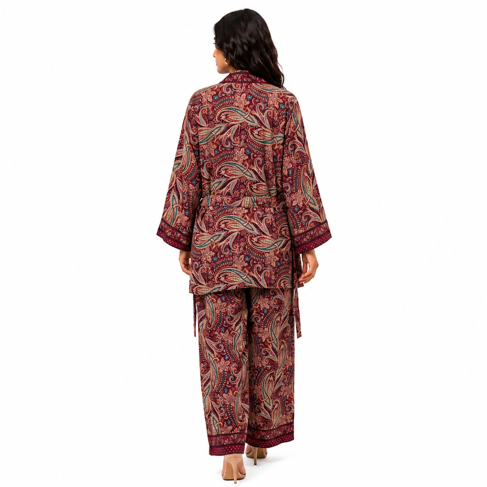 Women's Maroon Paisley 3-Piece Co-Ord Set with Kimono Shrug