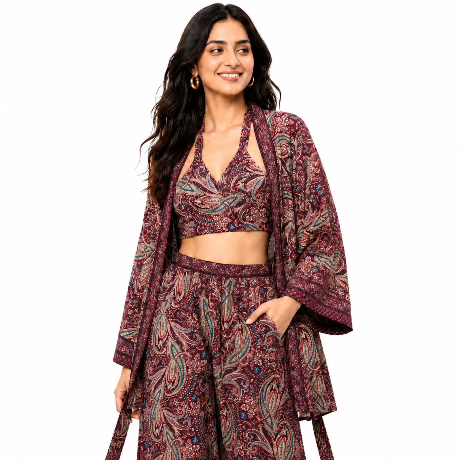 Women's Maroon Paisley 3-Piece Co-Ord Set with Kimono Shrug