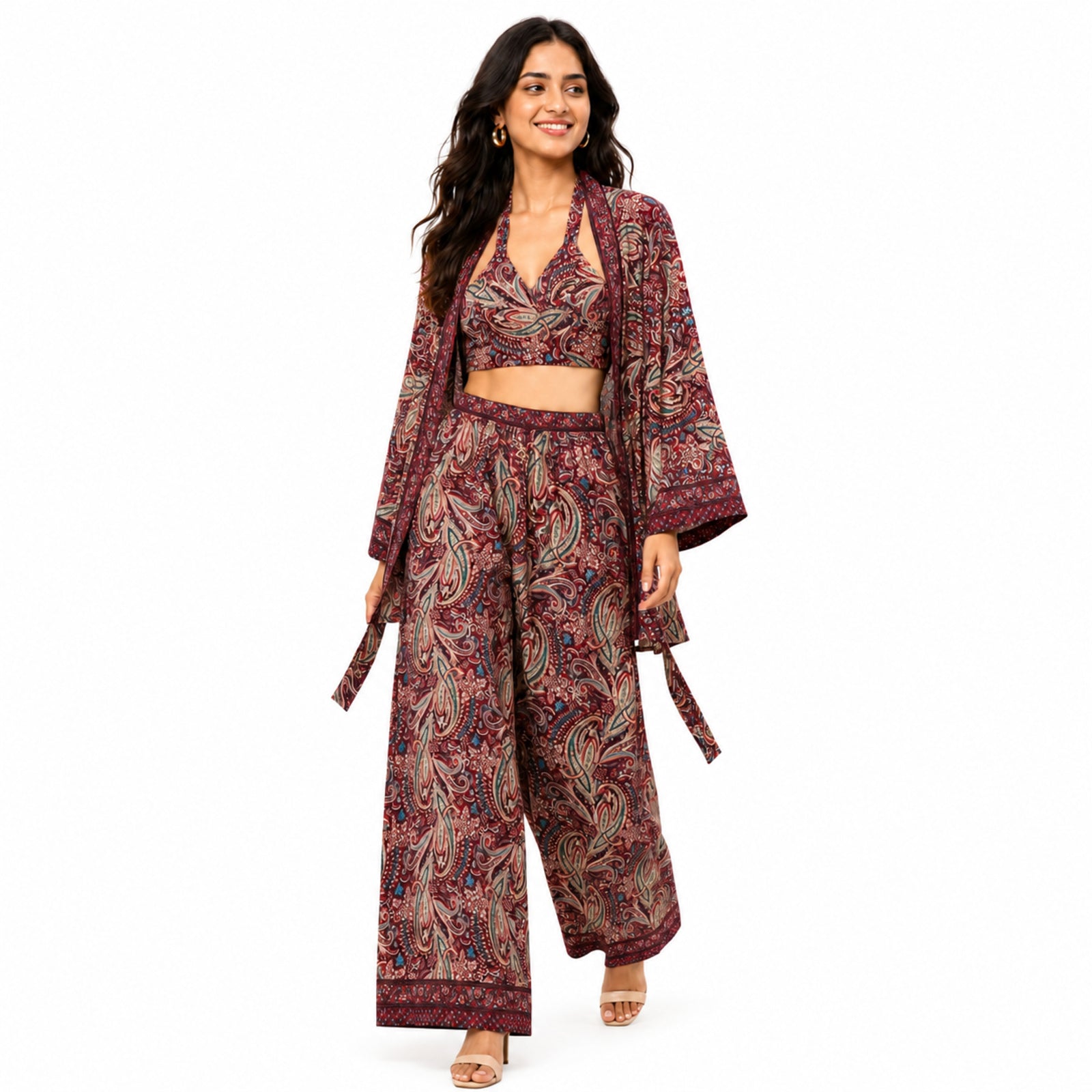Women's Maroon Paisley 3-Piece Co-Ord Set with Kimono Shrug