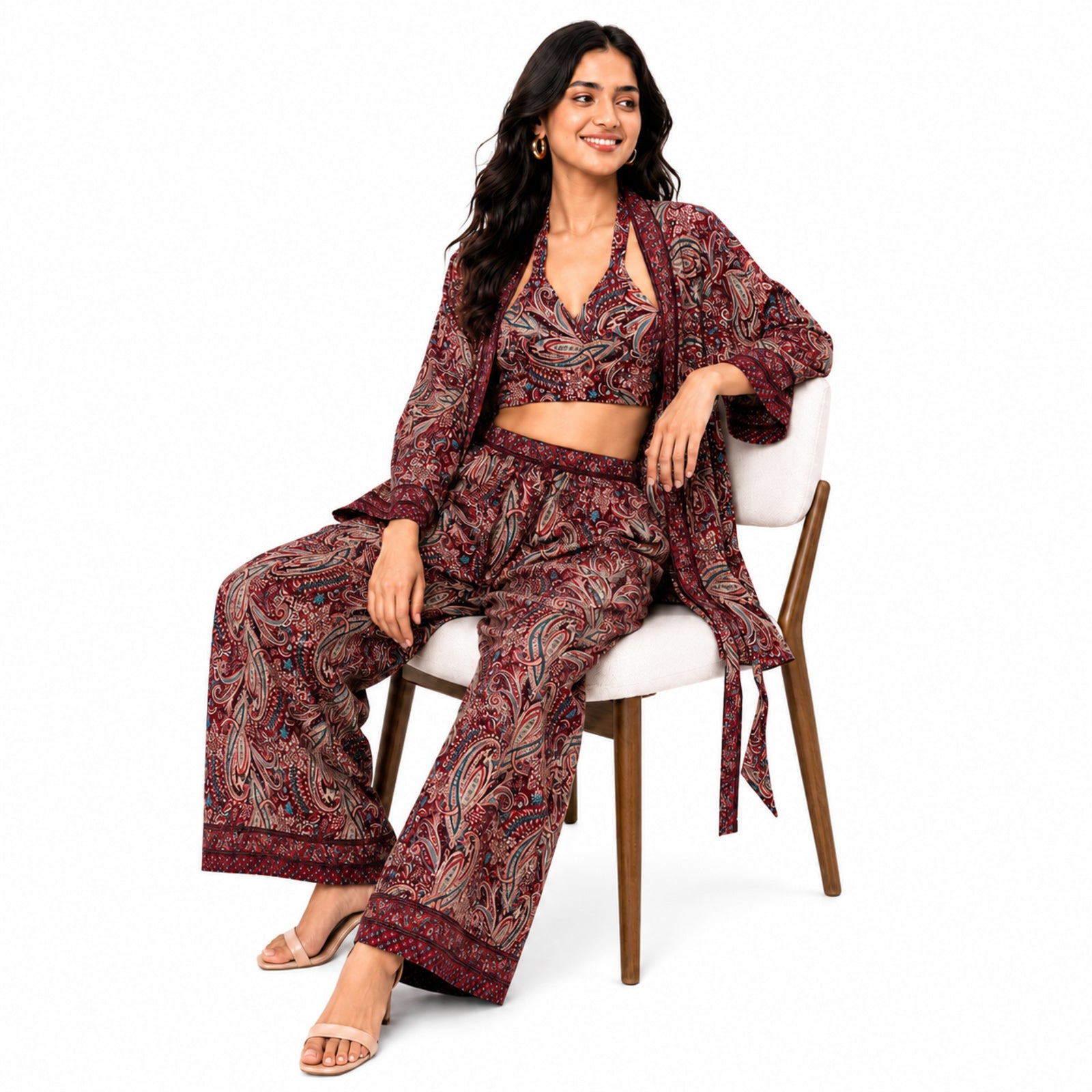 Women's Maroon Paisley 3-Piece Co-Ord Set with Kimono Shrug