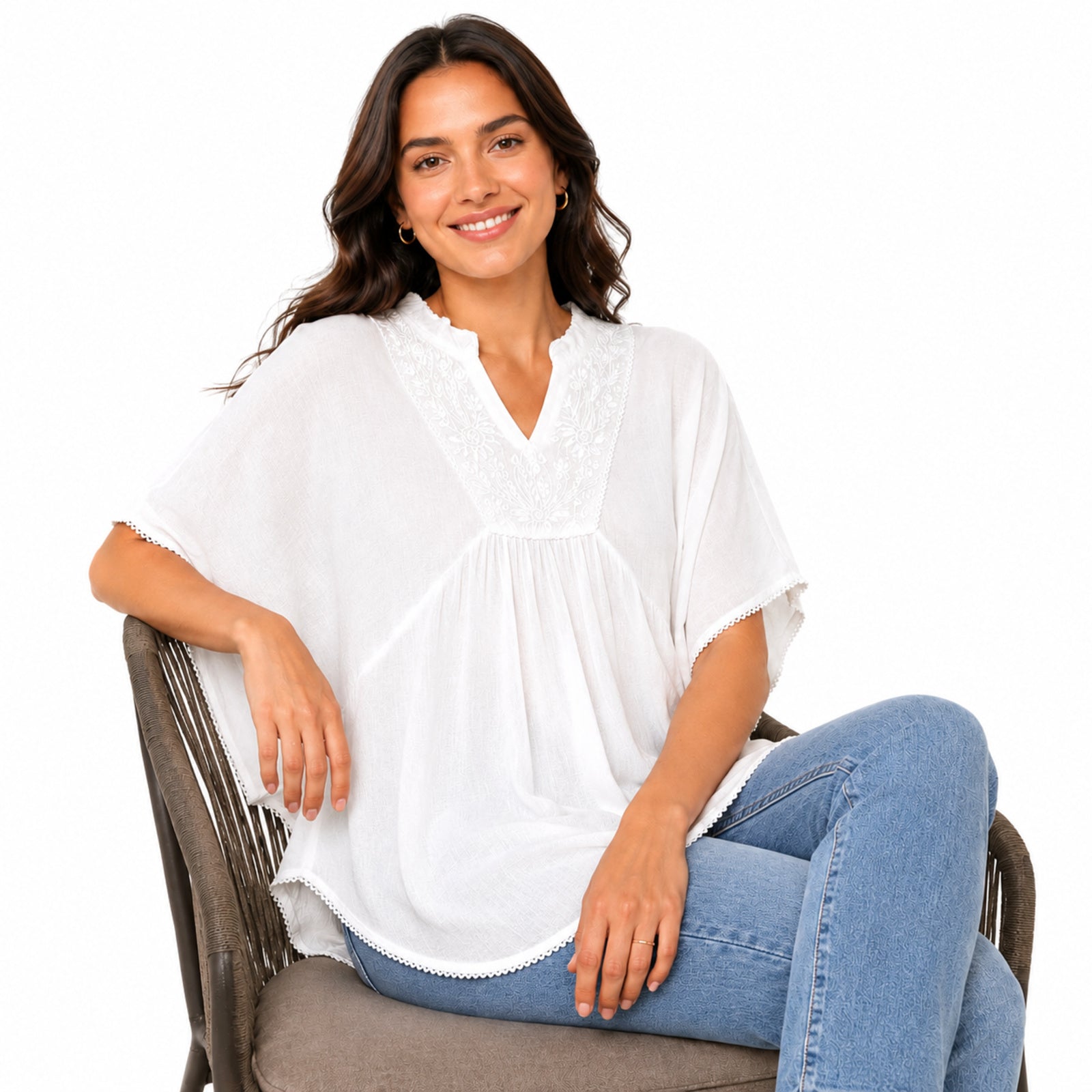 Women's White Relaxed Fit Kaftan Top