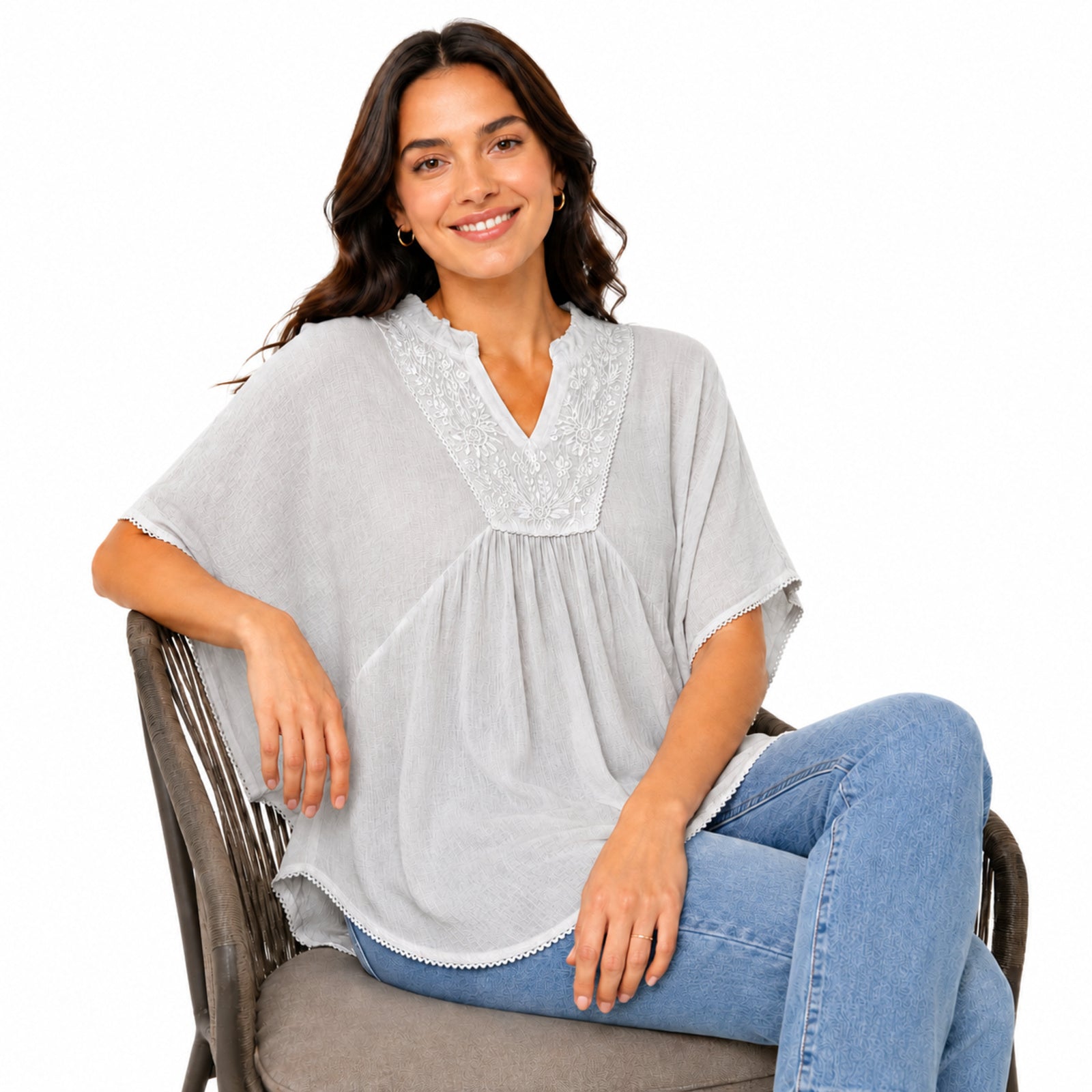 Women's Grey Embroidered Kaftan Top