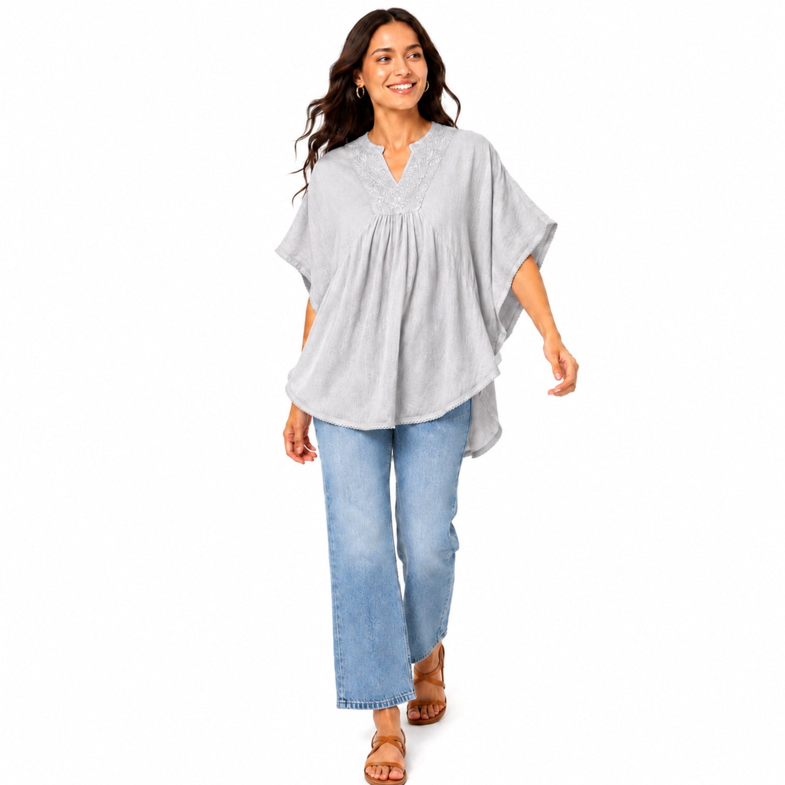 Women's Grey Embroidered Kaftan Top