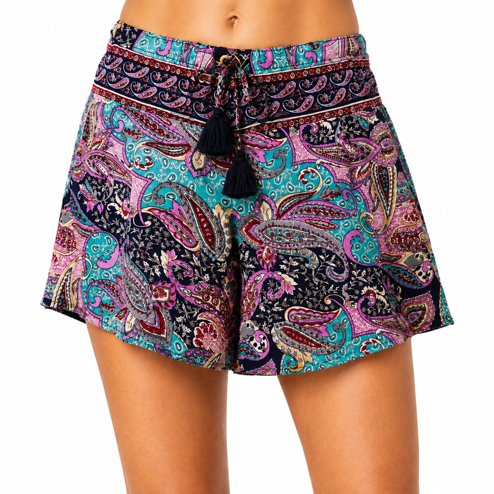 Women's Navy Blue Paisley Printed Drawstring Casual Shorts | Relaxed Fit Summer Shorts