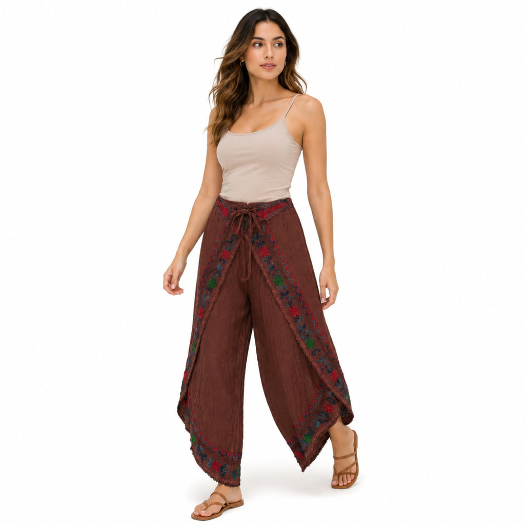 Boho Embroidered Sheer Overlay Pants