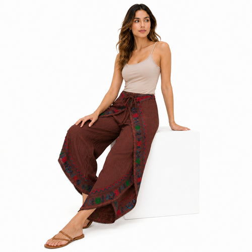 Boho Embroidered Sheer Overlay Pants
