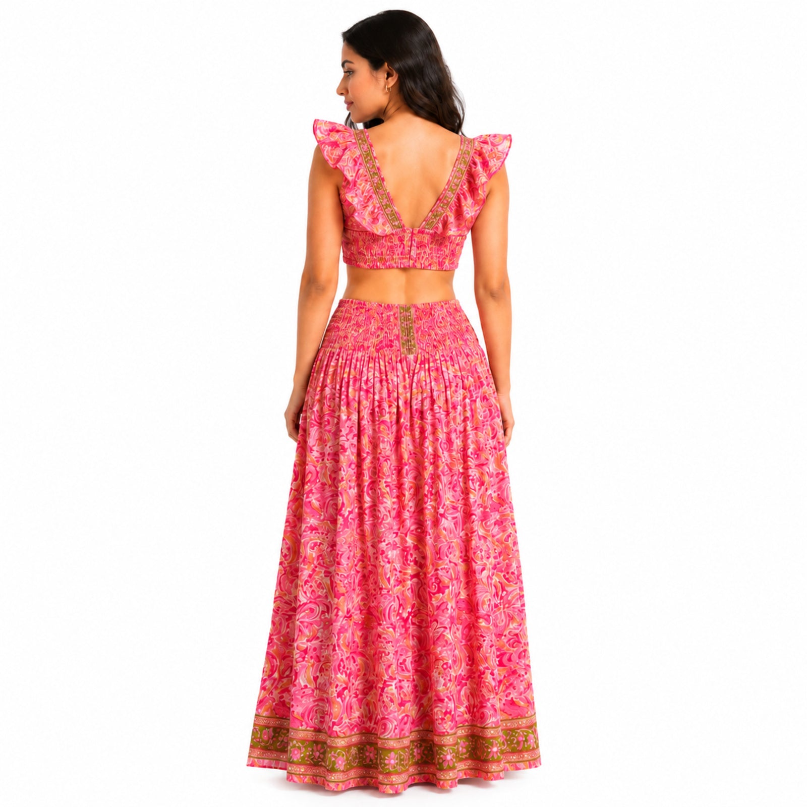 Women's Bohemian Chic Light Pink Floral Crop Top and Wide-Leg Palazzo Set