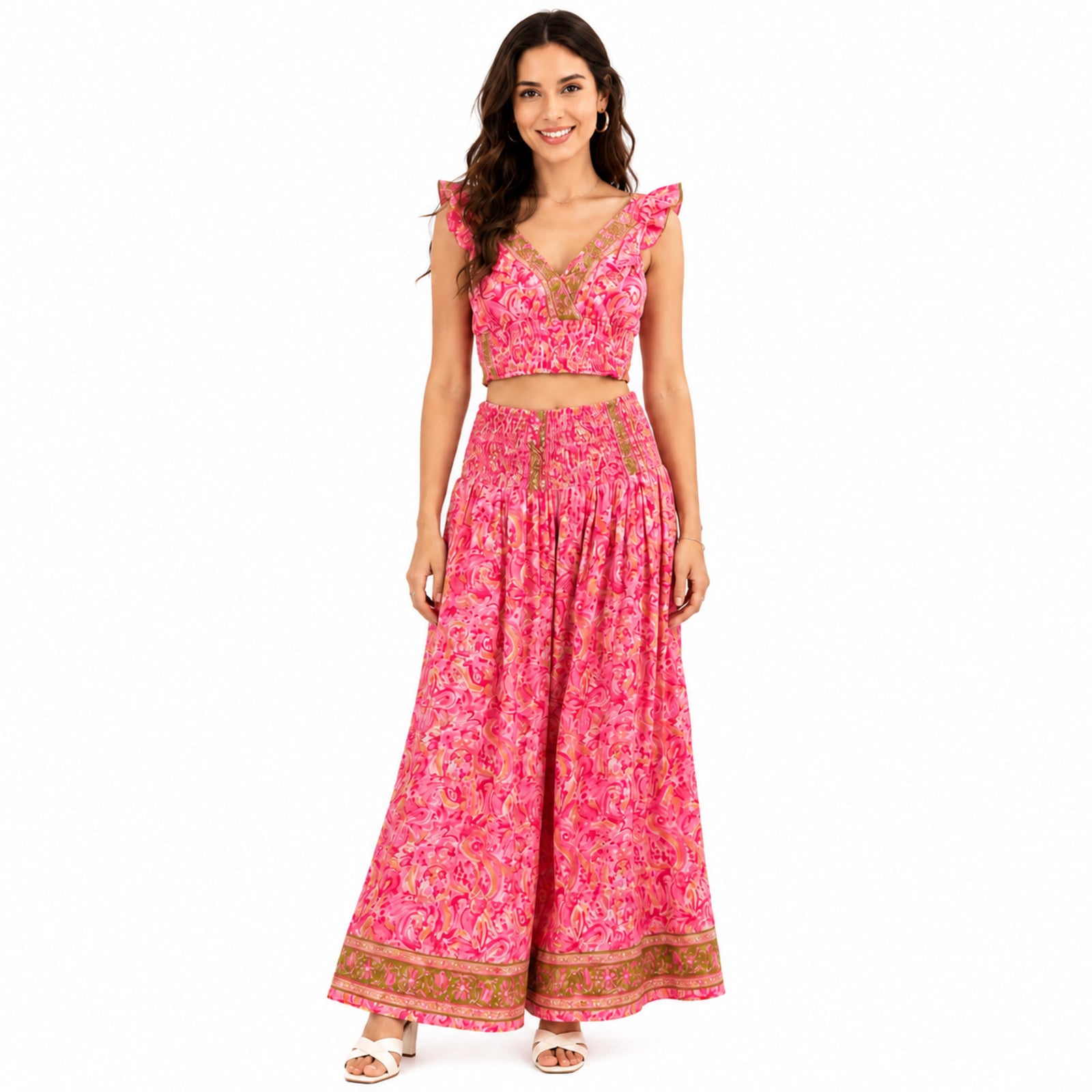 Women's Bohemian Chic Light Pink Floral Crop Top and Wide-Leg Palazzo Set