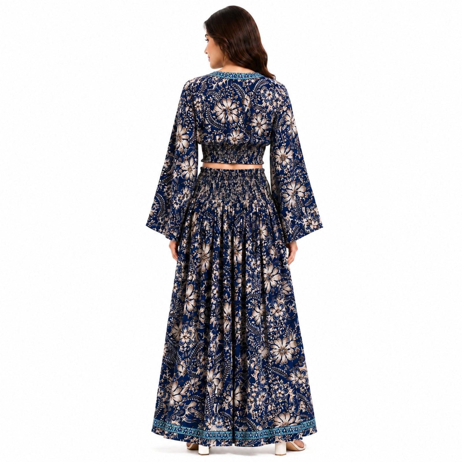Women's Bohemian Chic Navy Blue Floral Flare-Sleeve Crop Top and Maxi Skirt Set
