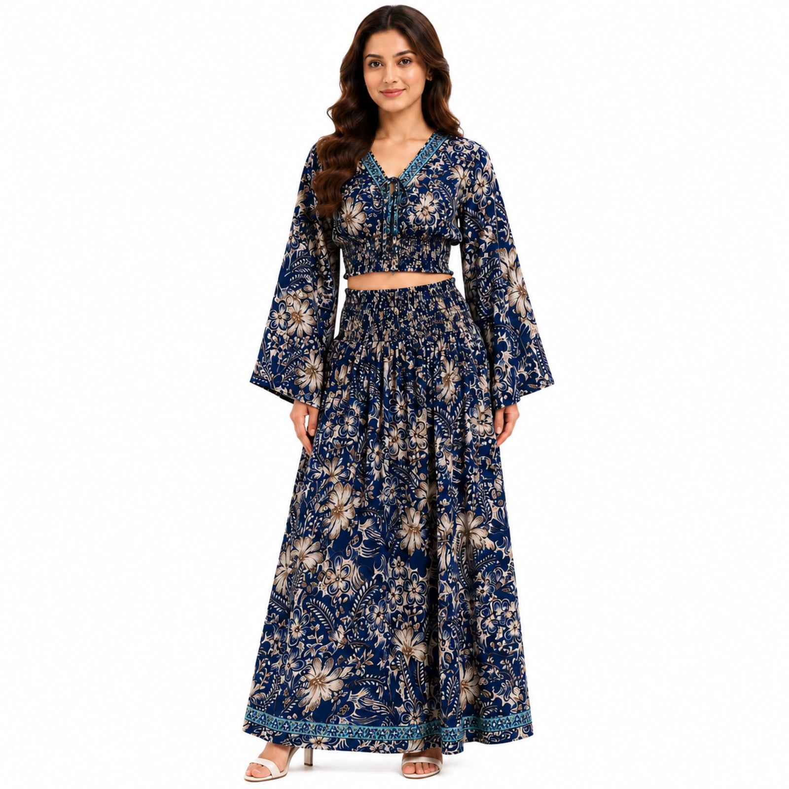 Women's Bohemian Chic Navy Blue Floral Flare-Sleeve Crop Top and Maxi Skirt Set