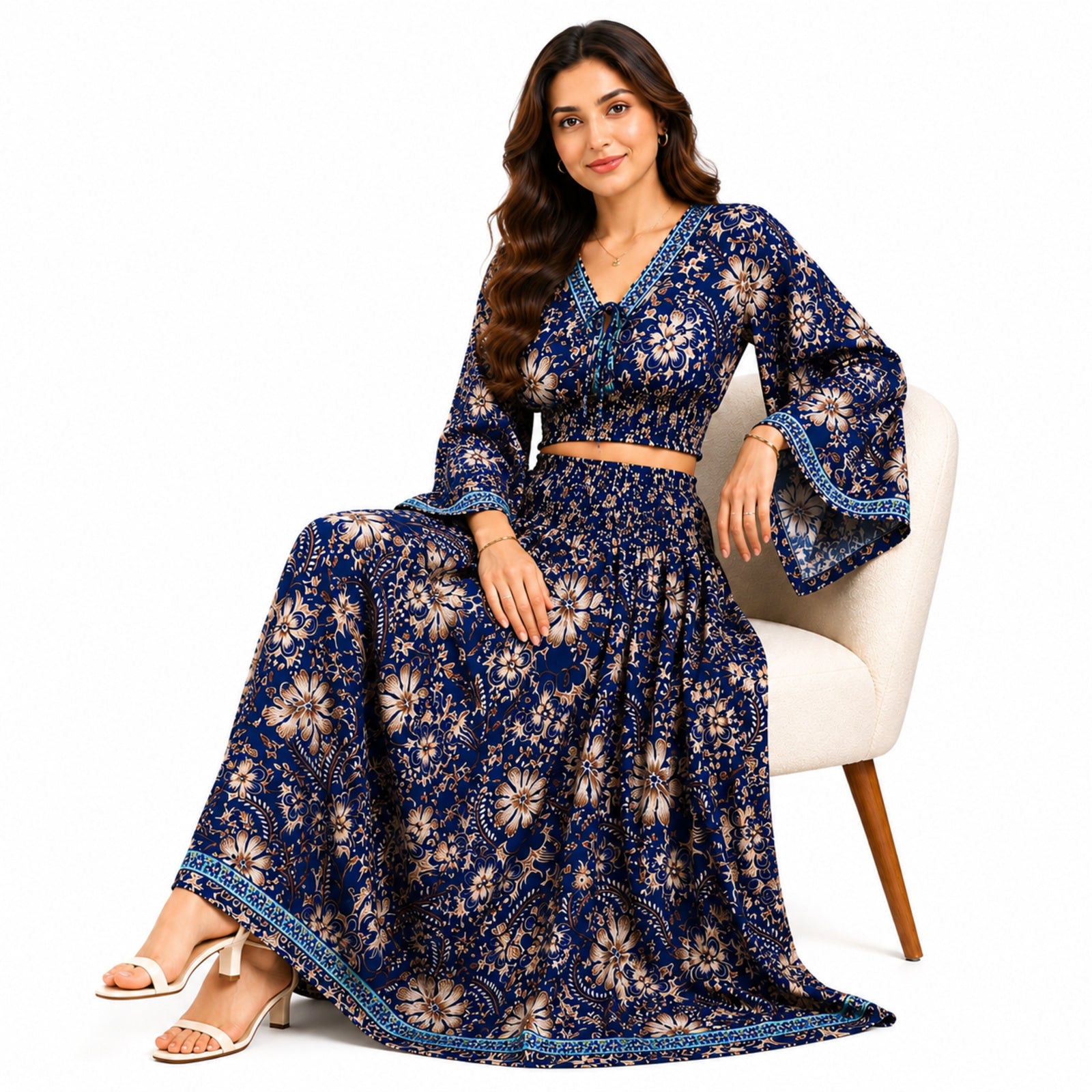 Women's Bohemian Chic Navy Blue Floral Flare-Sleeve Crop Top and Maxi Skirt Set