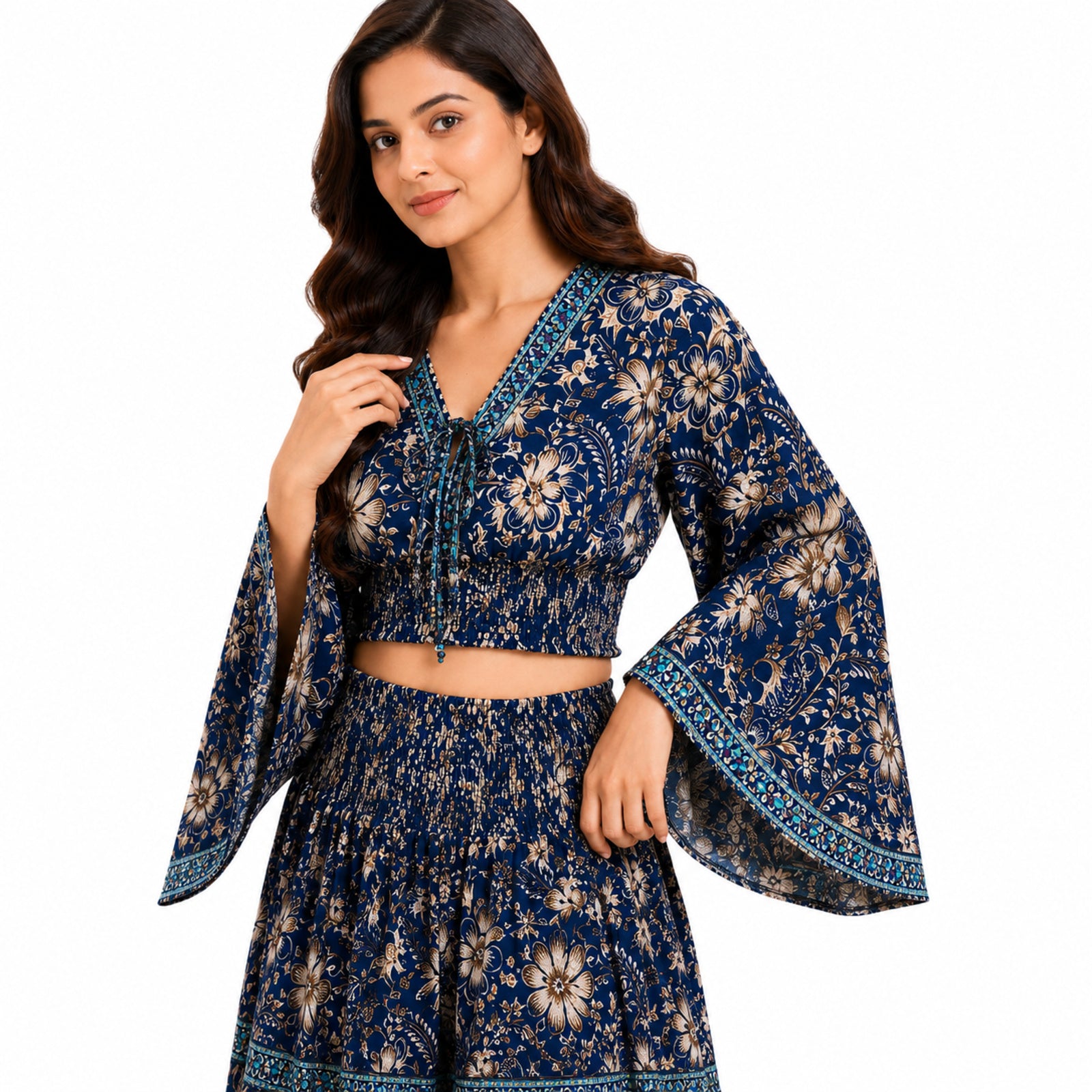 Women's Bohemian Chic Navy Blue Floral Flare-Sleeve Crop Top and Maxi Skirt Set