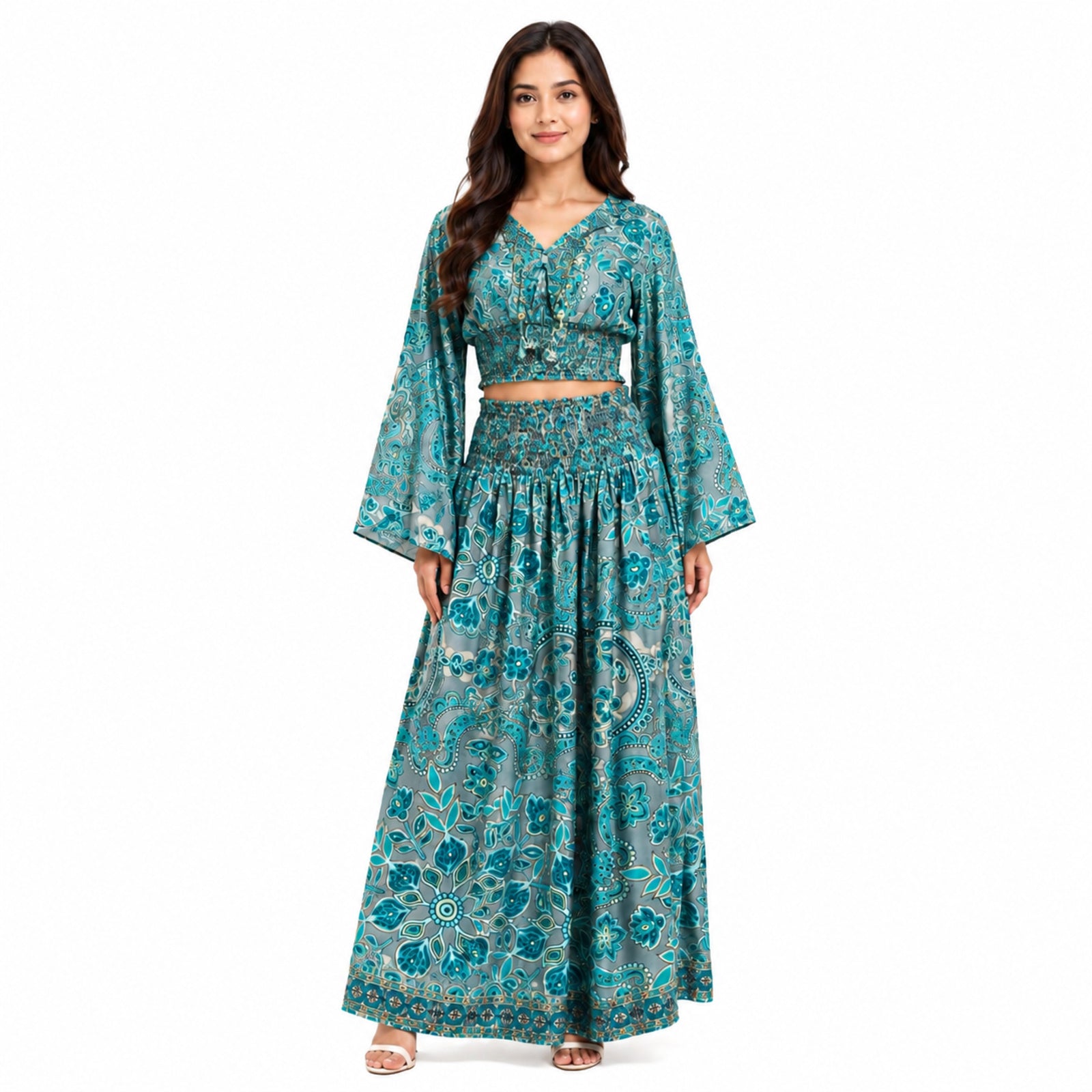 Women's Bohemian Chic Sage Green Floral Flare-Sleeve Crop Top and Maxi Skirt Set