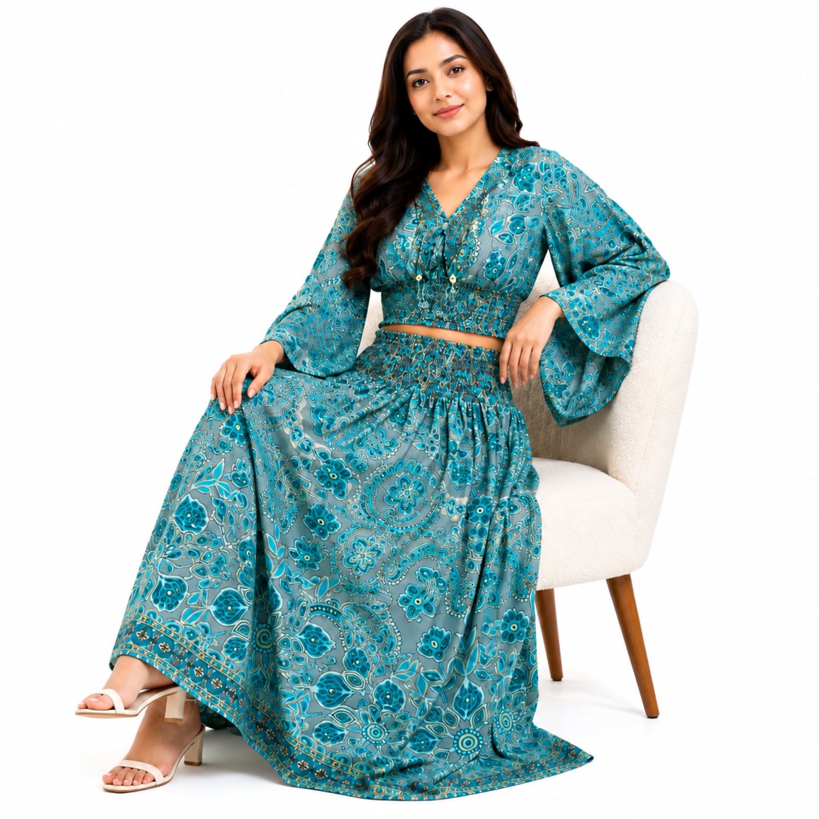 Women's Bohemian Chic Sage Green Floral Flare-Sleeve Crop Top and Maxi Skirt Set