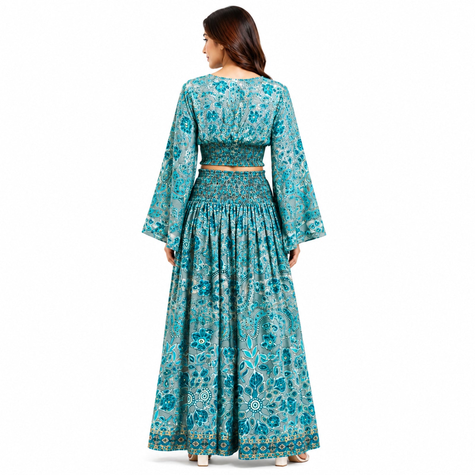 Women's Bohemian Chic Sage Green Floral Flare-Sleeve Crop Top and Maxi Skirt Set