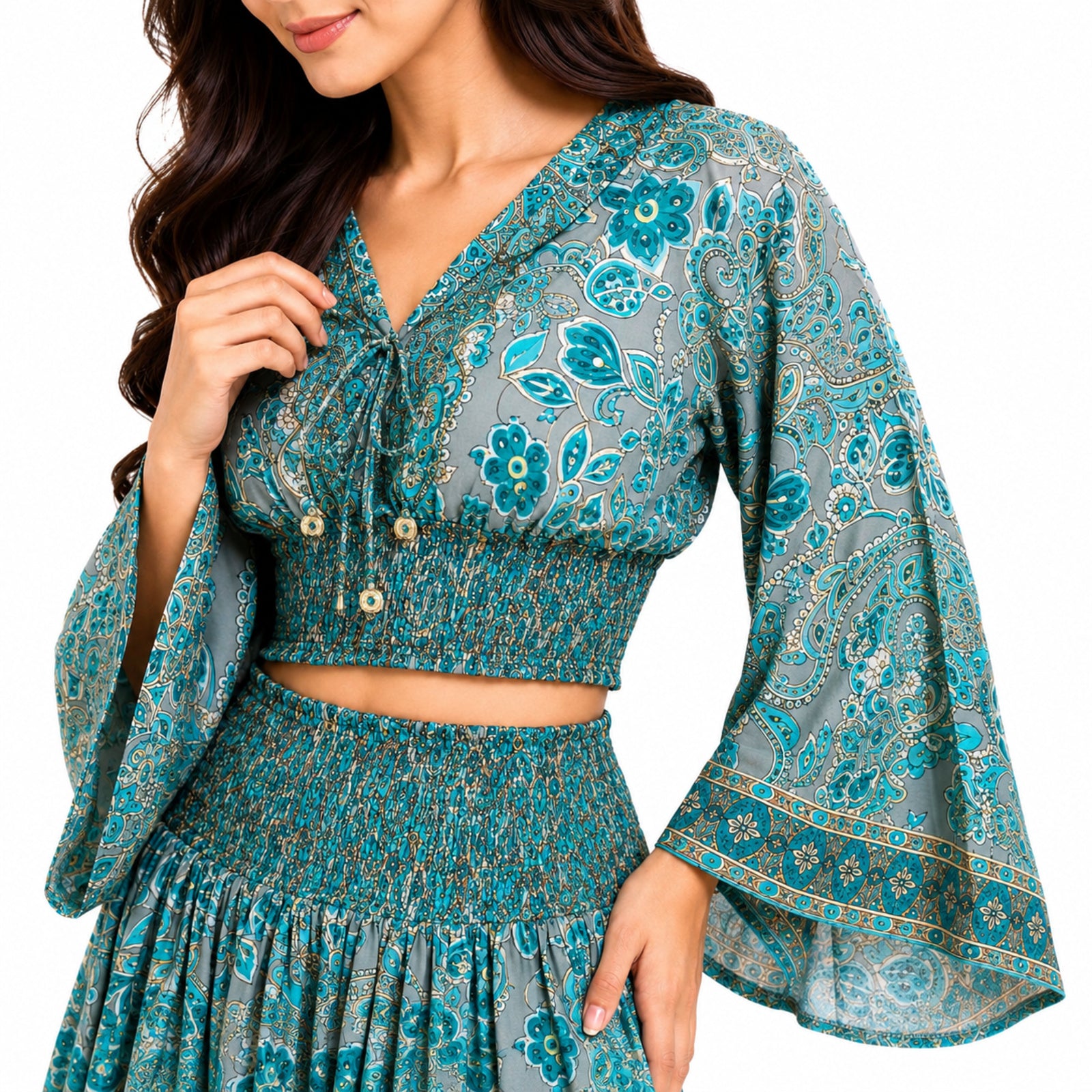 Women's Bohemian Chic Sage Green Floral Flare-Sleeve Crop Top and Maxi Skirt Set